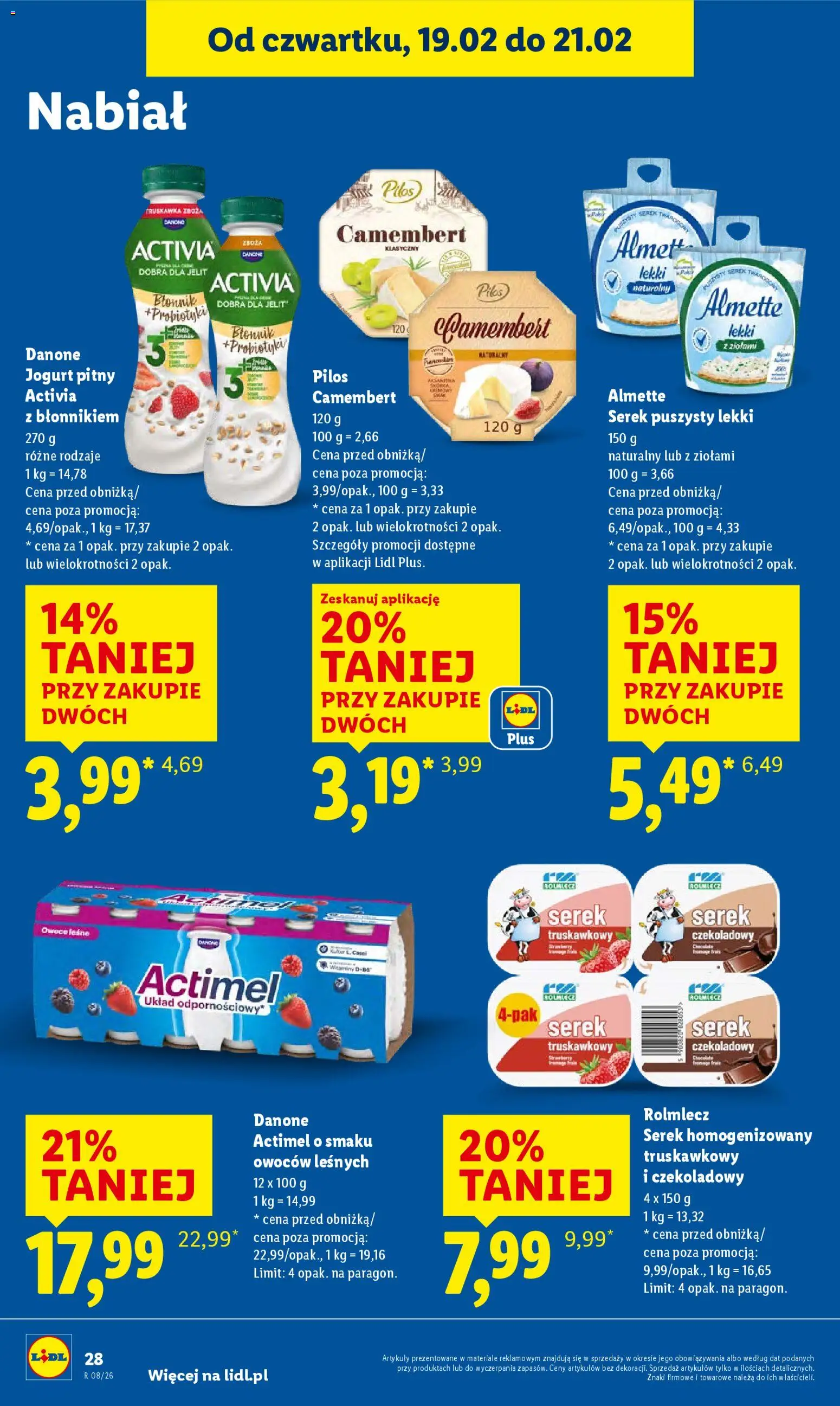 Lidl Gazetka od 19.02.2026 | Strona: 28 | Produkty: Serek homogenizowany, Jogurt pitny, Camembert, Owoce