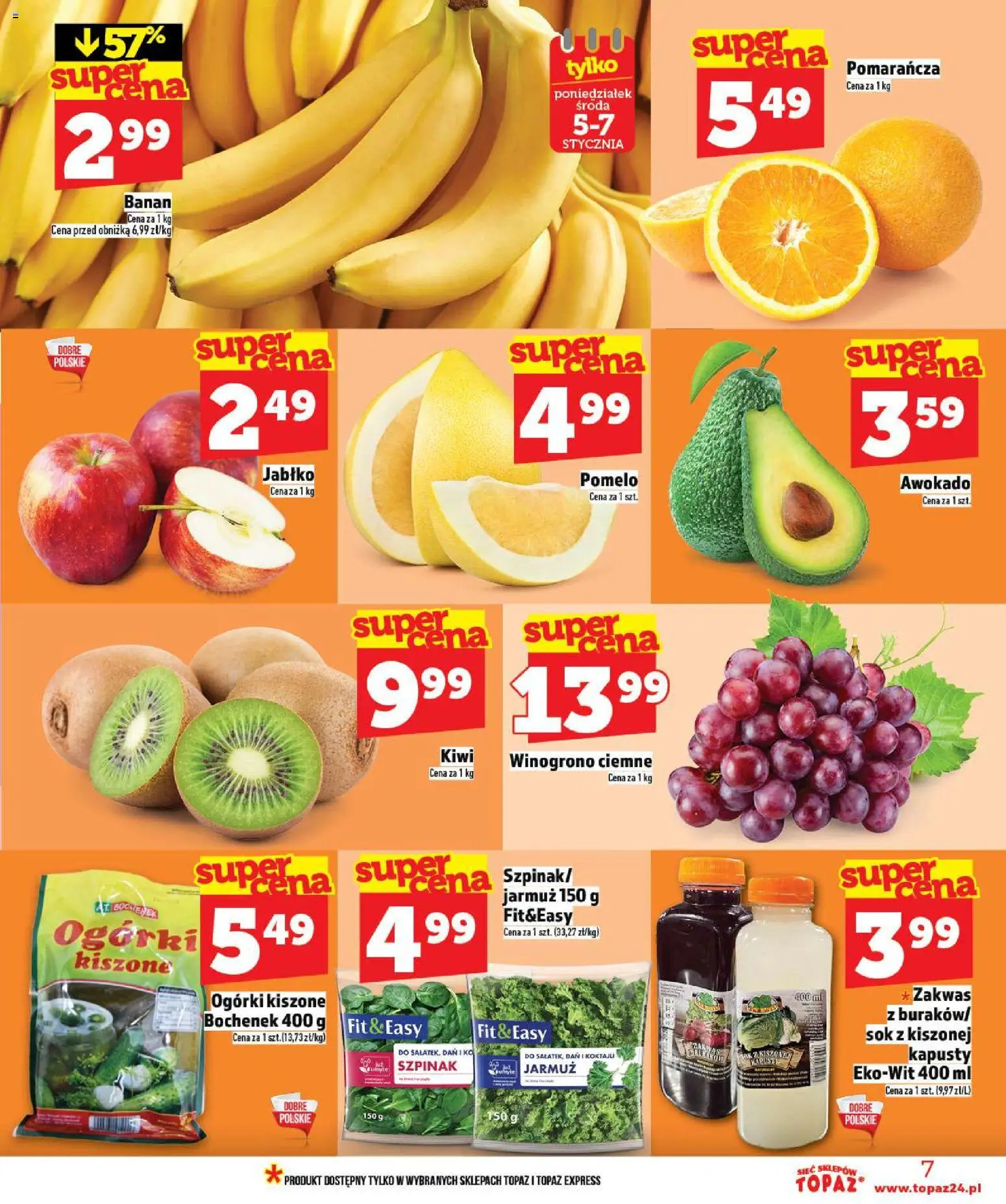 Topaz Gazetka MAZ od 02.01.2026 | Strona: 7 | Produkty: Jarmuż, Sok, Banan, Awokado