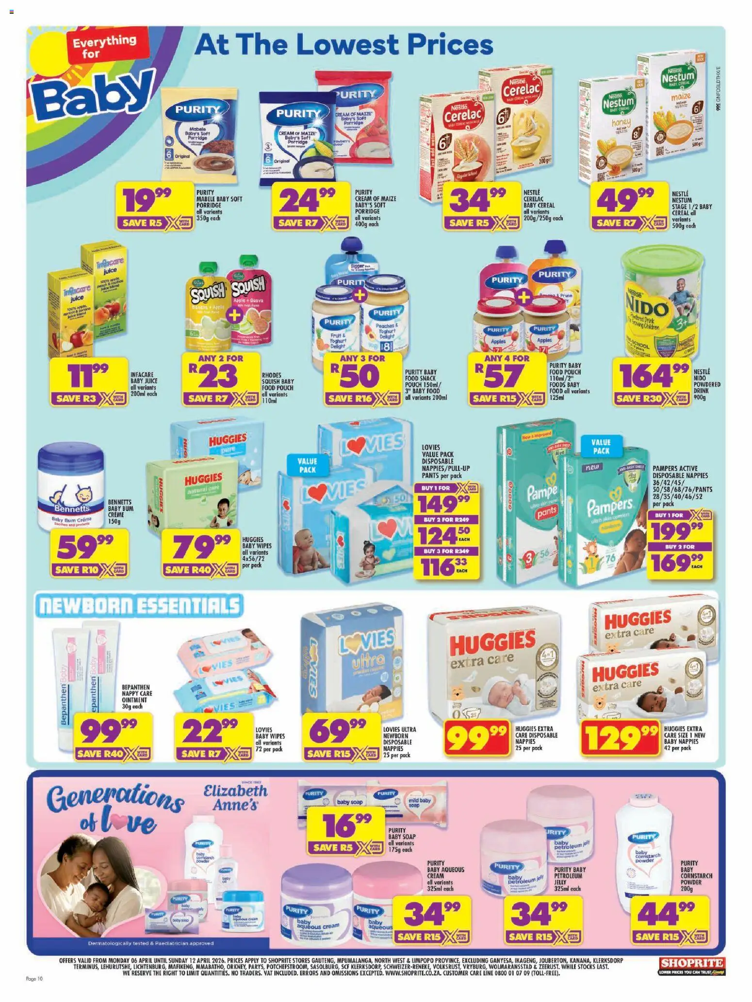 New Shoprite catalogue – valid from 06.04.2026 | Page: 10 | Products: Pants, Cream, Petroleum jelly, Nappies