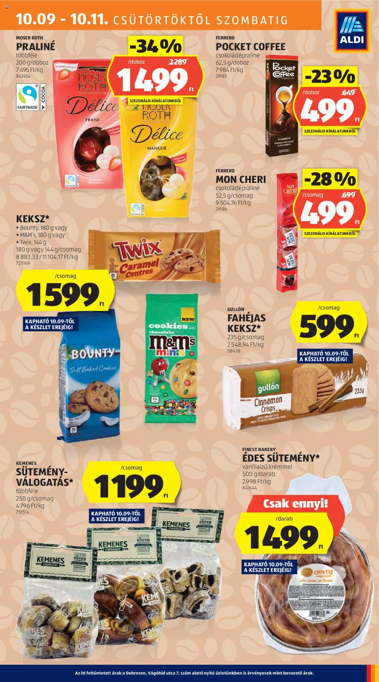 Aldi akciós ujság - amely érvényes a következő dátumtól: 09.10.2025 | Oldal: 21 | Termékek: Praliné, Sütemény