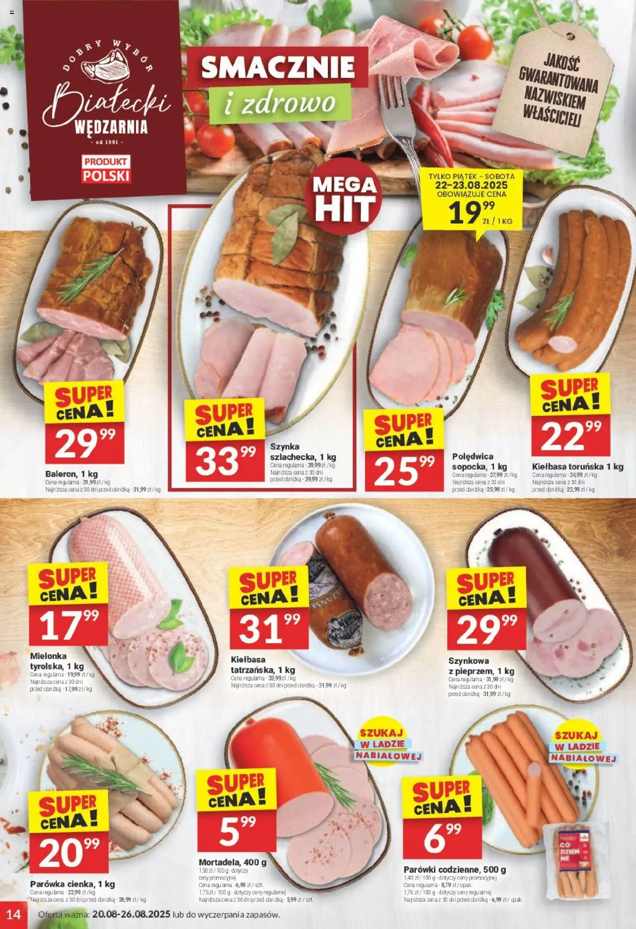 Twój Market Gazetka od 20.08.2025 | Strona: 14 | Produkty: Kiełbasa, Parówki, Szynka