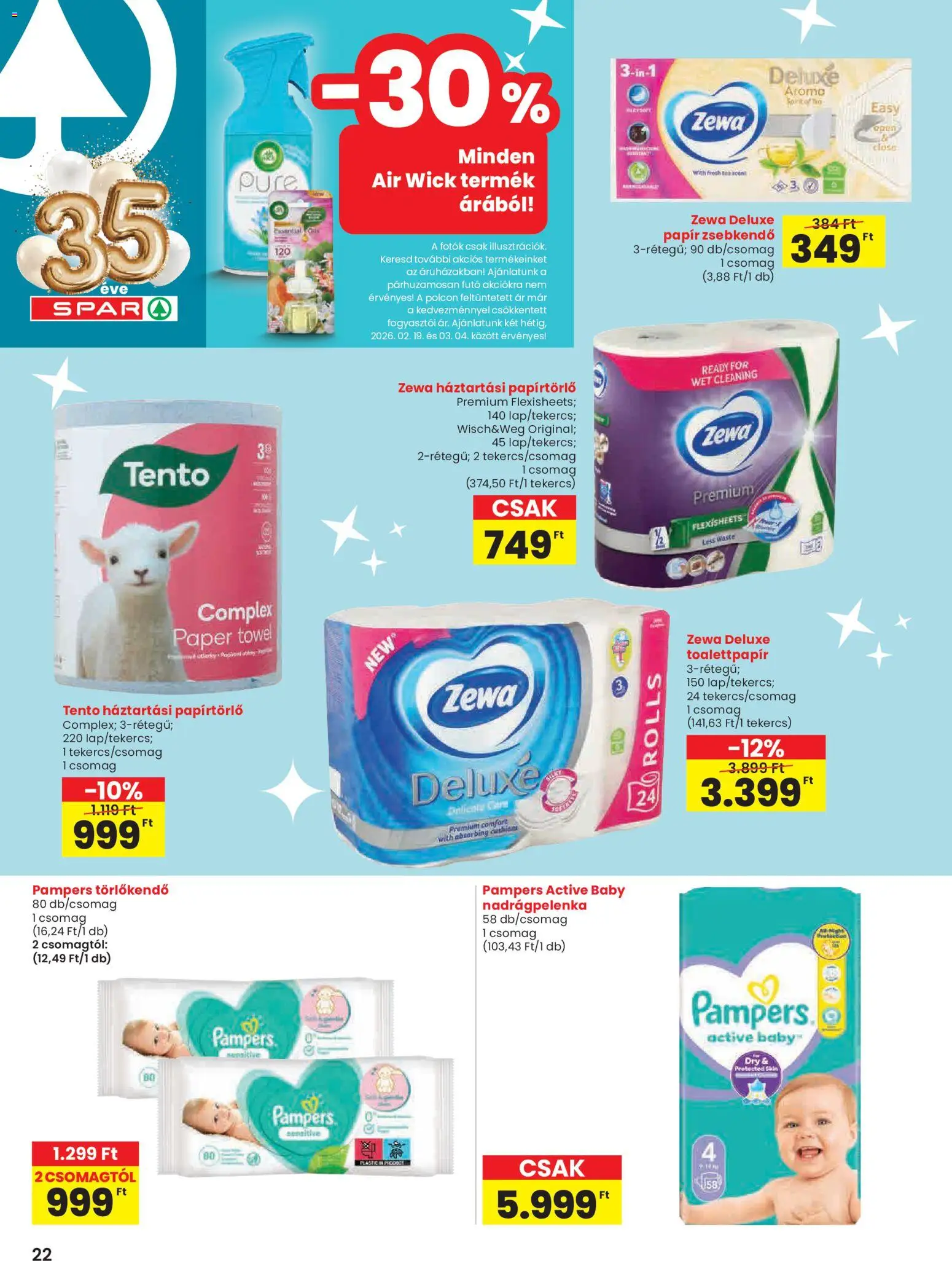 Spar akciós ujság - amely érvényes a következő dátumtól: 19.02.2026 | Oldal: 22 | Termékek: Pampers, Papírtörlő, Törlőkendő