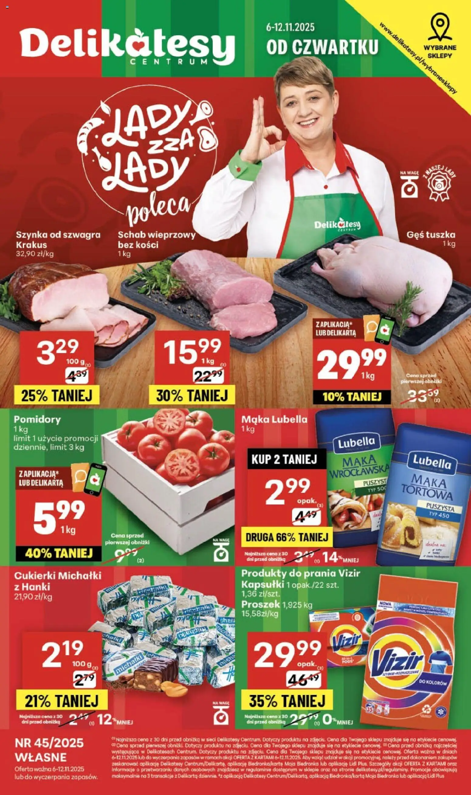 Delikatesy Centrum Gazetka - Sklepy Własne od 06.11.2025 | Strona: 1 | Produkty: Schab, Gęś, Pomidory, Cukierki