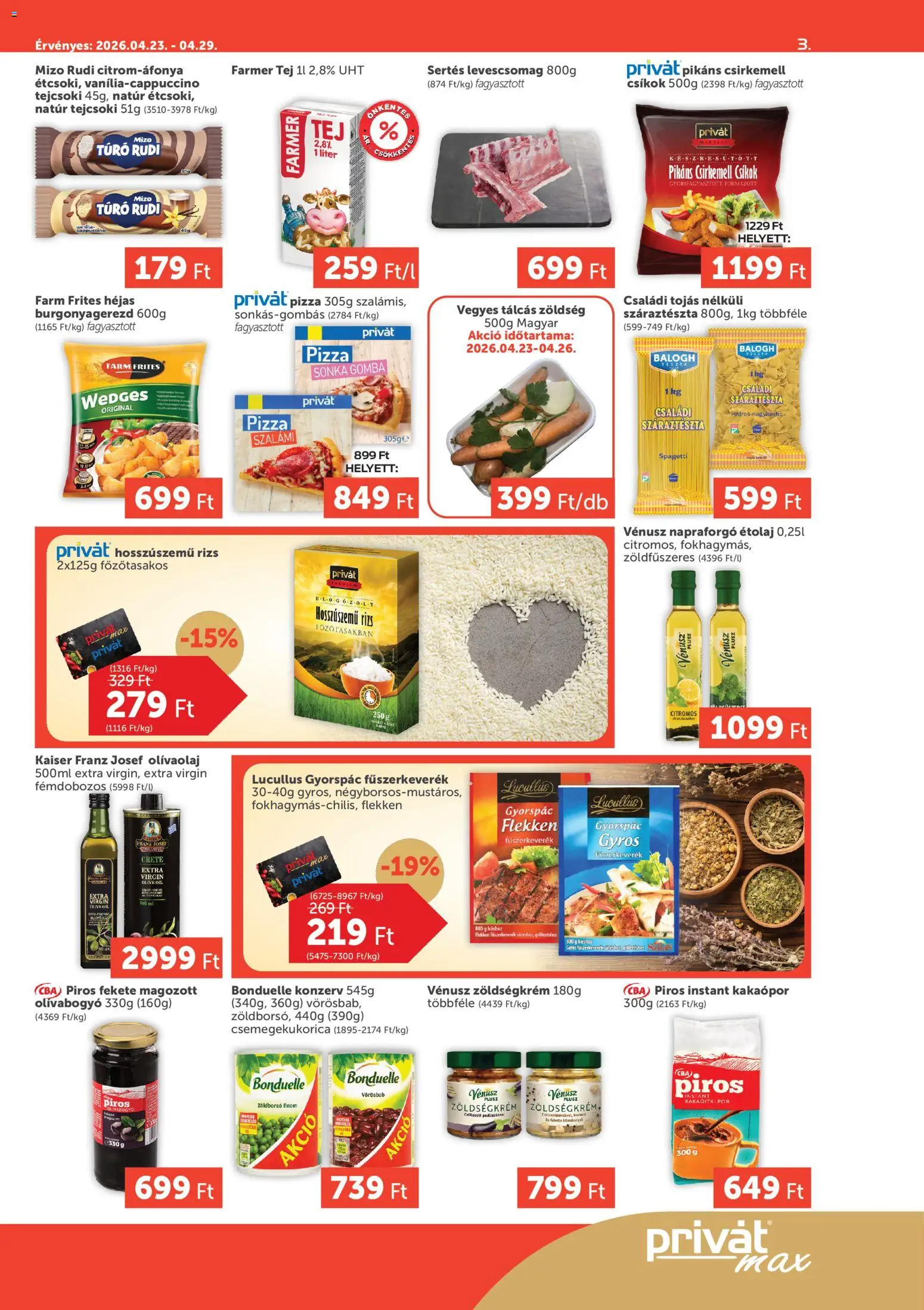 PRIVÁT akciós ujság - amely érvényes a következő dátumtól: 23.04.2026 | Oldal: 3 | Termékek: Farmer, Túró rudi, Tojás, Olívaolaj