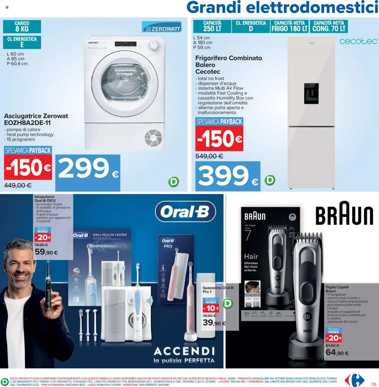Volantino Carrefour del 23.10.2025 | Pagina: 39 | Prodotti: Spazzolino, Asciugatrice, Frigorifero, Frigorifero combinato