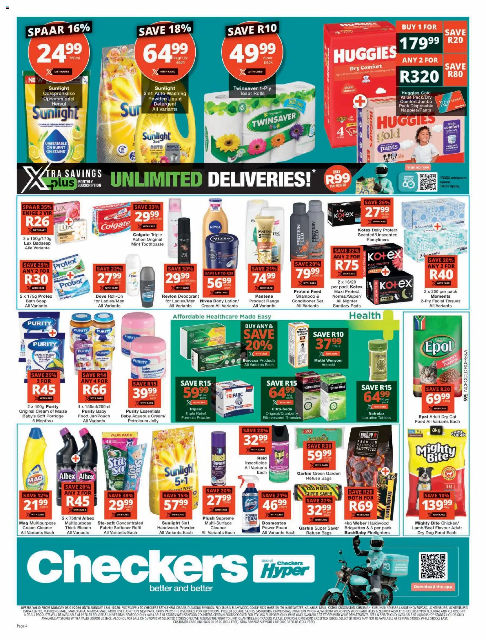 New Checkers catalogue – valid from 05.01.2026 | Page: 4 | Products: Shampoo, Petroleum jelly, Cat food, Dog food