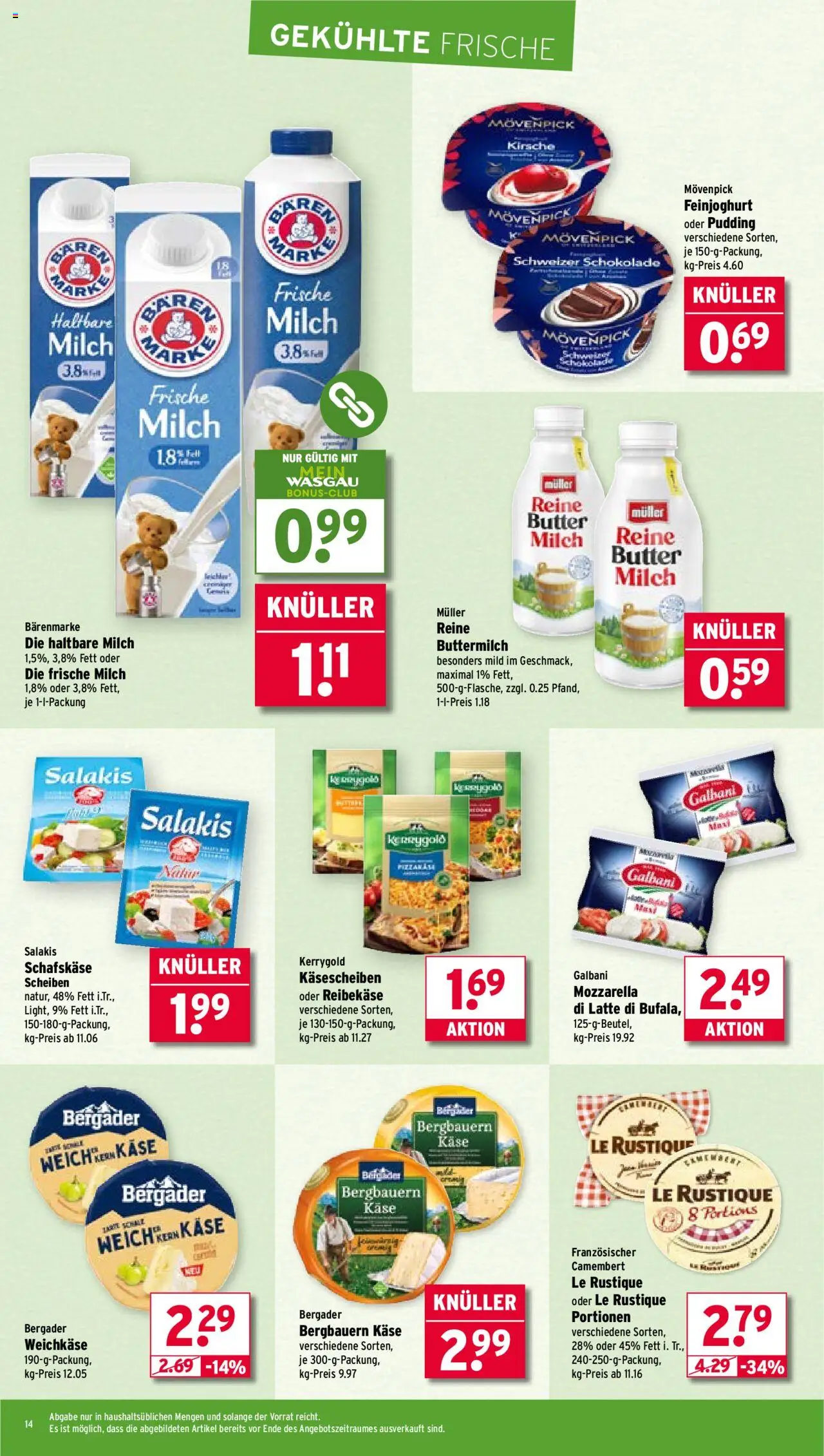 Wasgau Prospekt 	 - gültig ab dem 11.08.2025 | Seite: 14 | Produkte: Buttermilch, Salakis, Reibekase, Schafskase