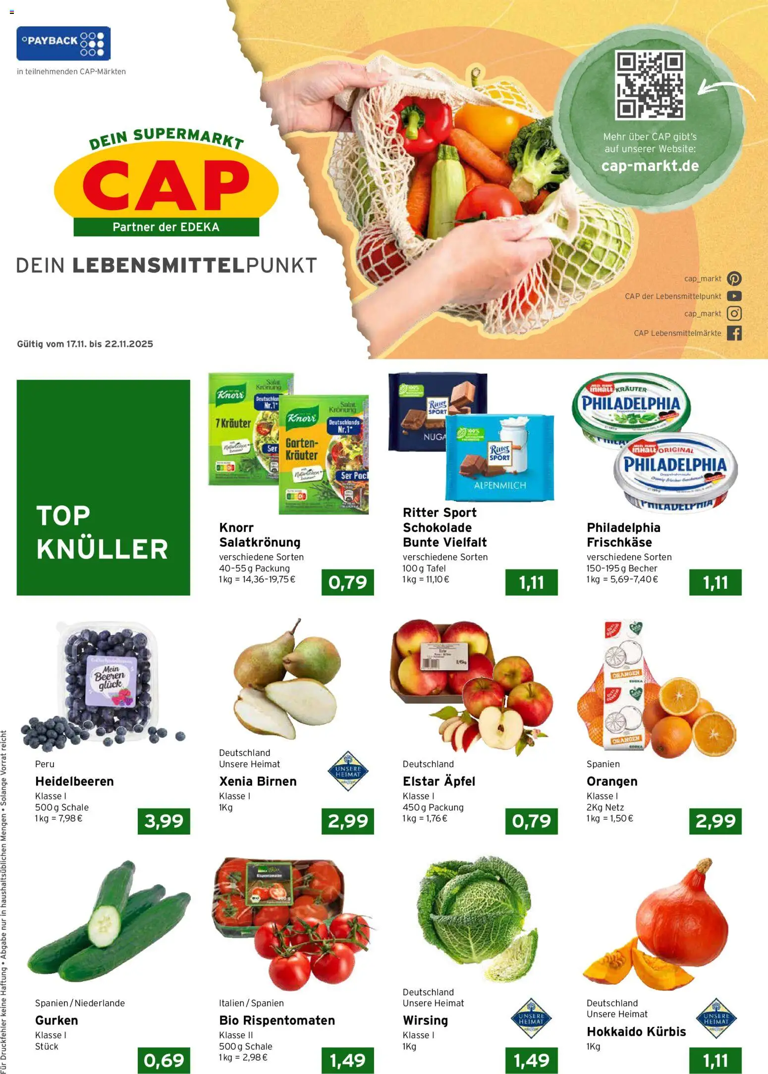 CAP Markt Prospekt – gültig ab 17.11.2025 | Seite: 1 | Produkte: Philadelphia, Äpfel, Gurken, Salat