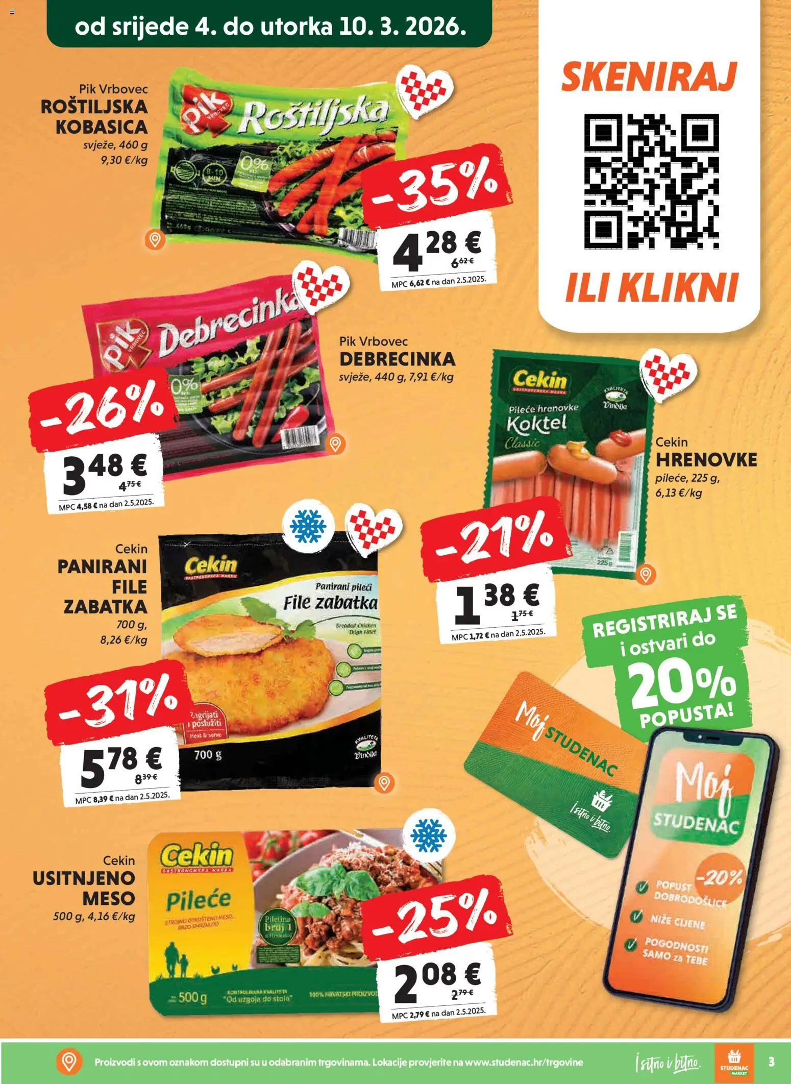 Studenac katalog | vrijedi od 04.03.2026 | Stranica: 3 | Proizvodi: Meso, Piletina, Kobasica, Pik Vrbovec