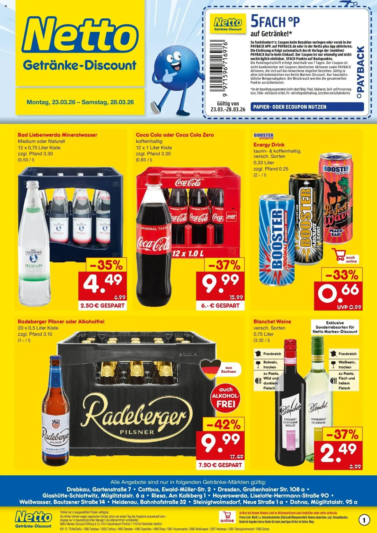 Netto Marken-Discount Prospekt Weißwasser	 – gültig ab 23.03.2026 | Seite: 1 | Produkte: Coca cola, Mineralwasser, Fleisch, Radeberger pilsner