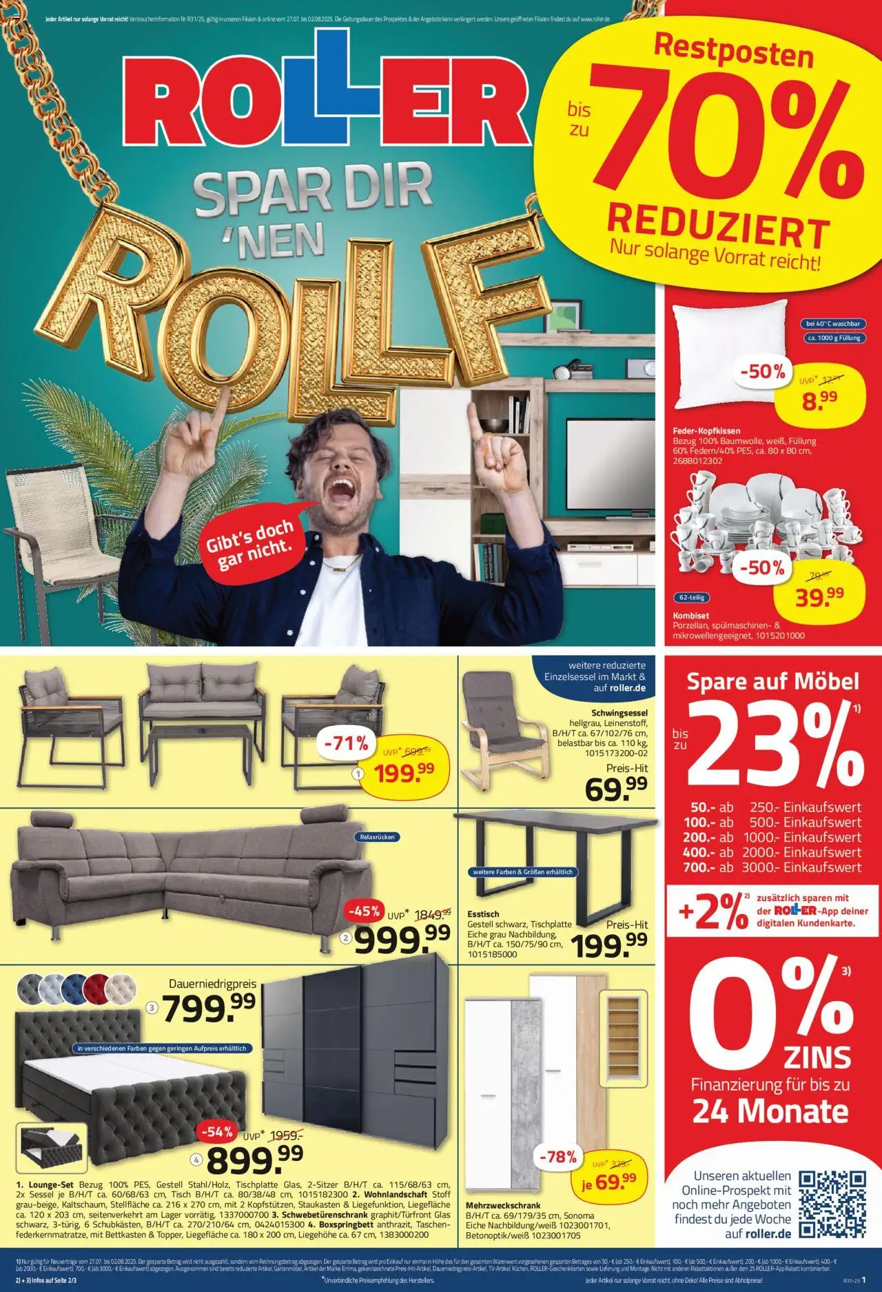 Roller Prospekt 	 - gültig ab dem 28.07.2025 | Seite: 1 | Produkte: Sessel, Schwebetürenschrank, Boxspringbett, Tisch
