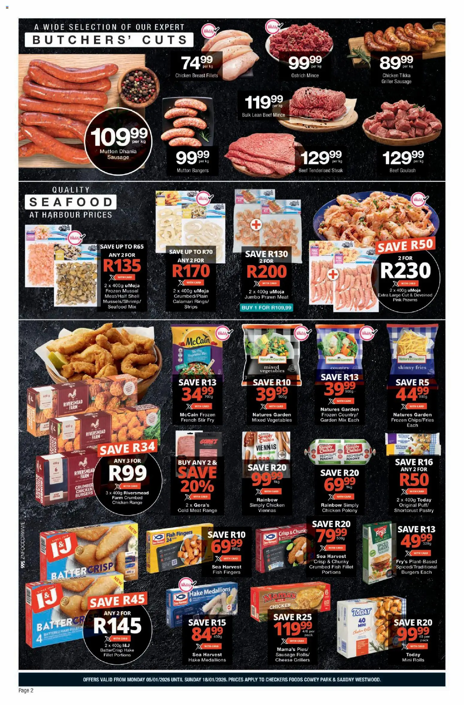 New Checkers catalogue – valid from 05.01.2026 | Page: 2 | Products: Chicken, Fish, Beef, Burgers