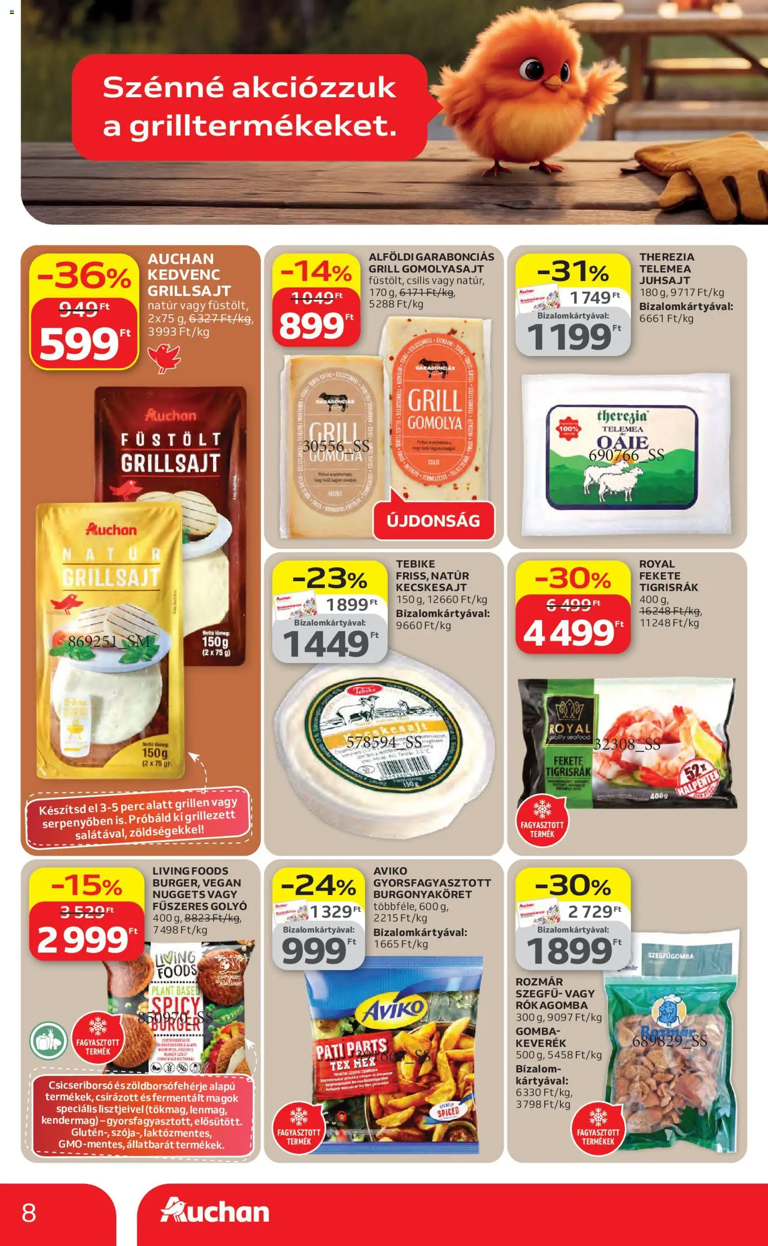 Auchan akciós ujság - amely érvényes a következő dátumtól: 16.04.2026 | Oldal: 8 | Termékek: Grill, Csicseriborsó, Nuggets, Juhsajt