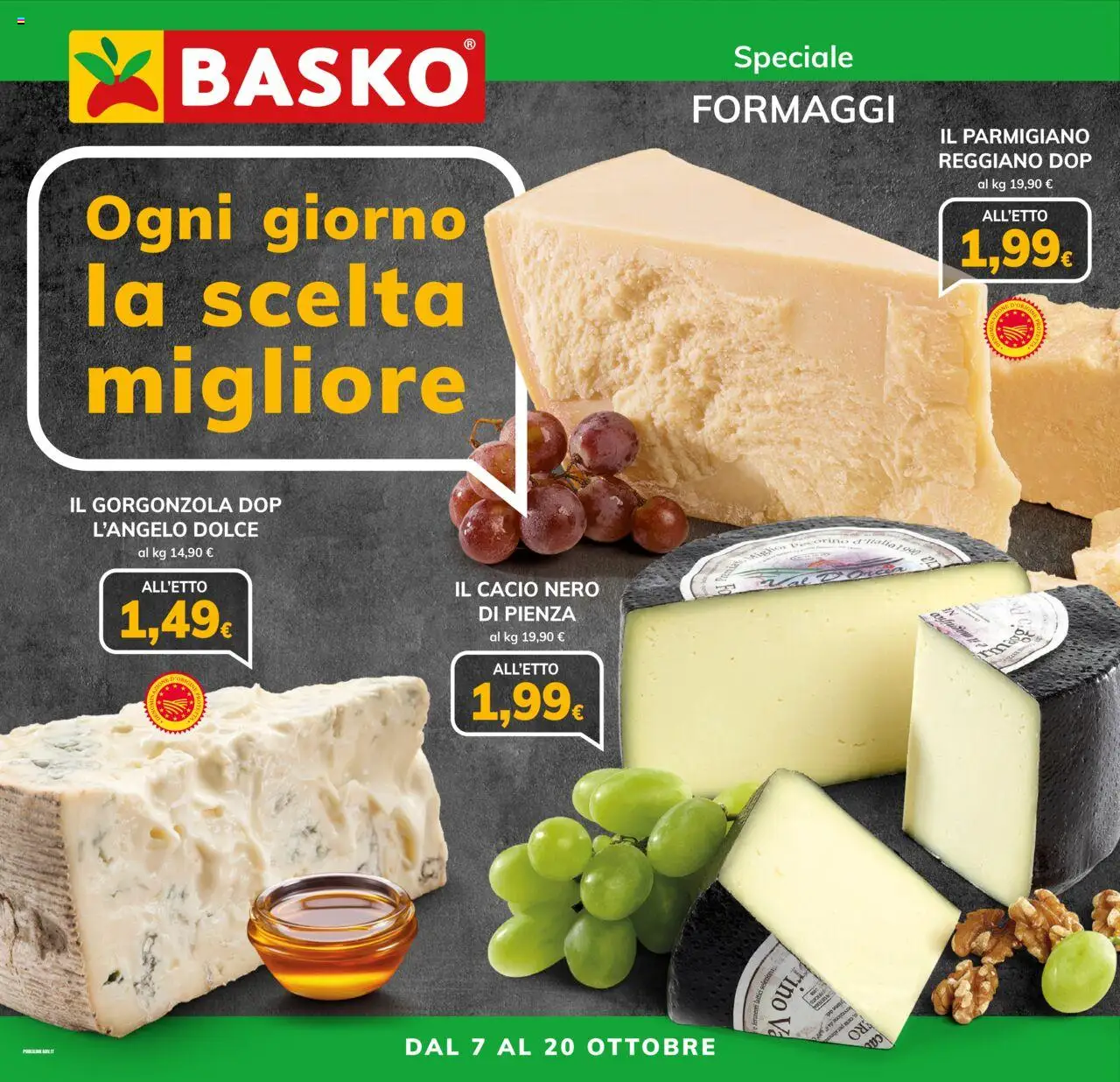 Volantino Basko del 07.10.2025 | Pagina: 1 | Prodotti: Parmigiano reggiano, Parmigiano, Gorgonzola, Pecorino