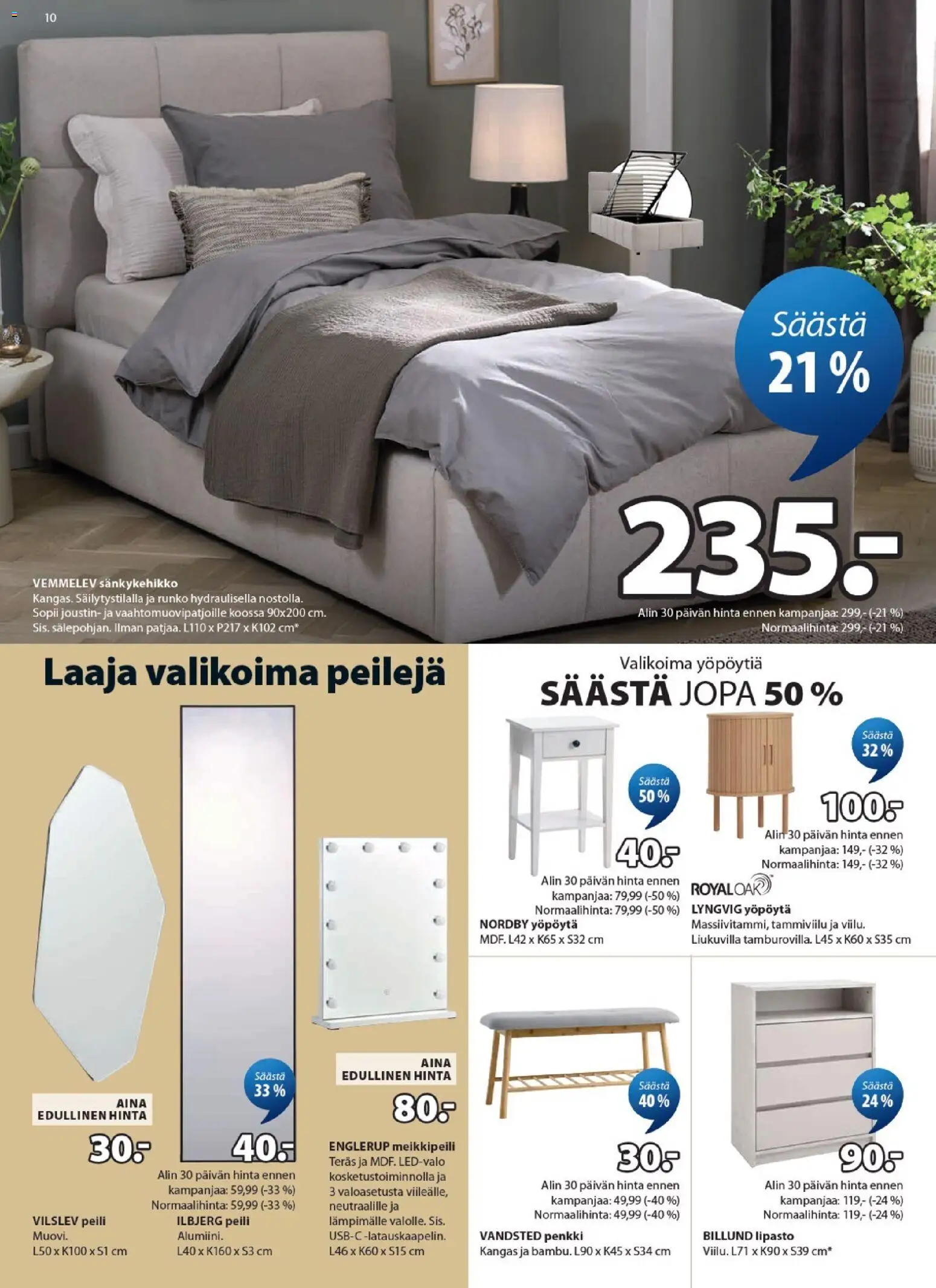 JYSK tarjoukset – voimassa 23.04.2026 alkaen | Sivu: 10 | Tuotteet: Meikkipeili, Yöpöytä, Peili, Penkki