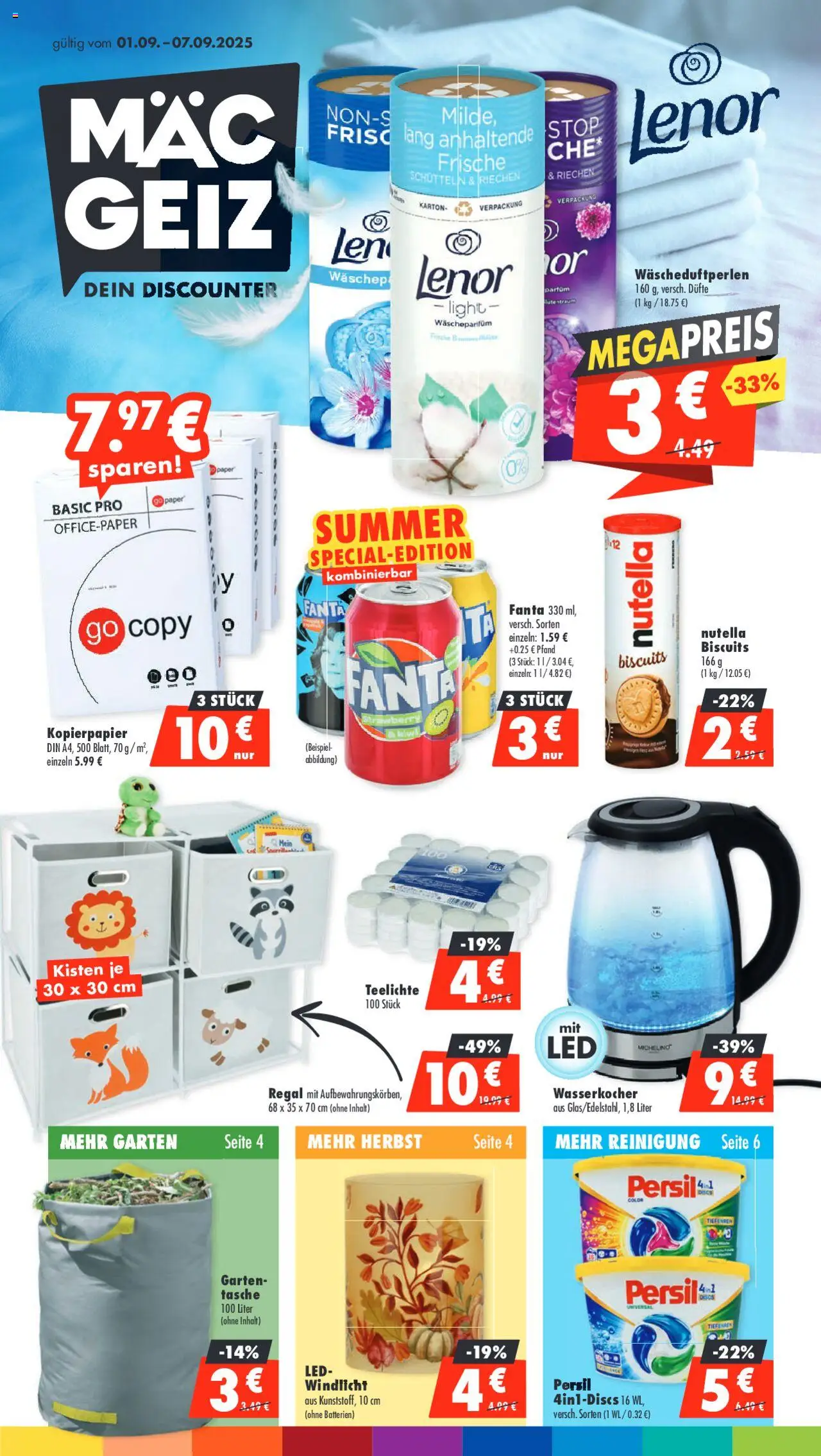 Mäc Geiz Prospekt 	 - gültig ab dem 01.09.2025 | Seite: 1 | Produkte: Tasche, Wasserkocher, Regal, Kiwi