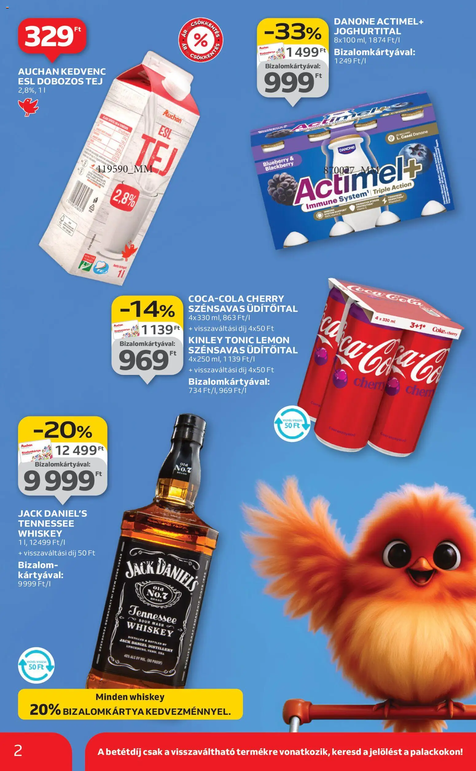 Auchan akciós ujság - amely érvényes a következő dátumtól: 22.01.2026 | Oldal: 2 | Termékek: Tonic, Whiskey, Actimel, Tej