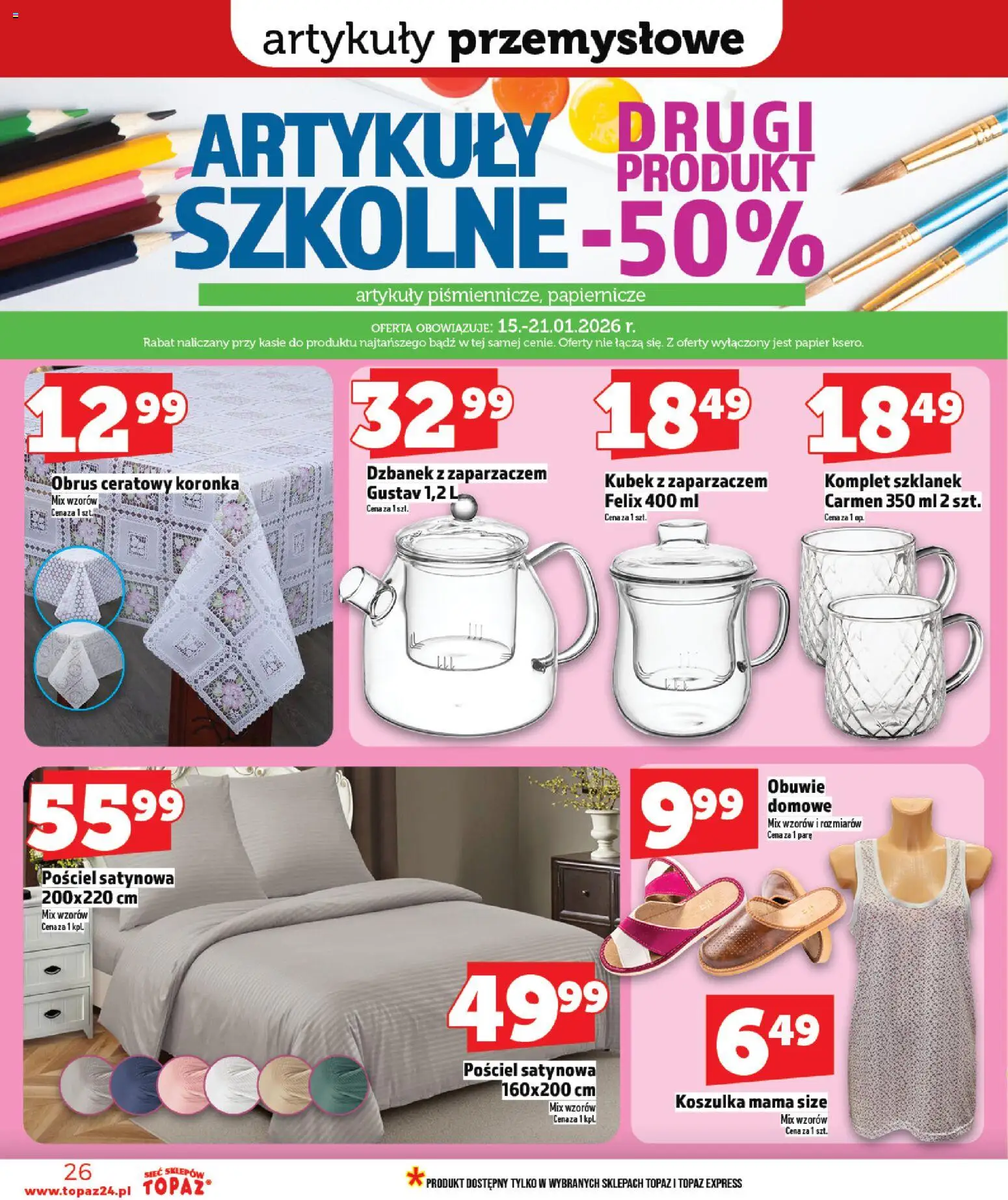 Topaz Gazetka MAZ od 15.01.2026 | Strona: 26 | Produkty: Pościel, Dzbanek, Pościel satynowa, Artykuły przemysłowe