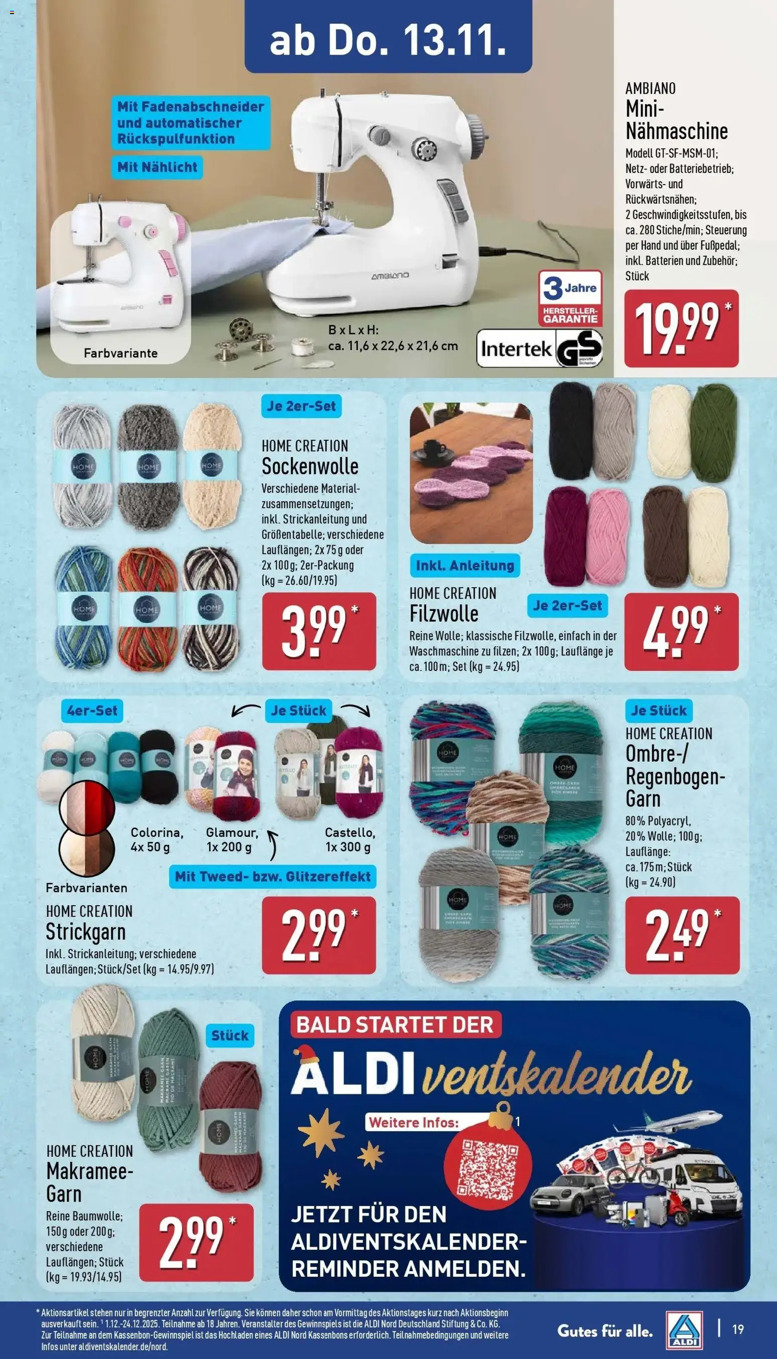 Aldi - ALDI Nord: Wochenangebote – gültig ab 09.11.2025 | Seite: 23 | Produkte: Nähmaschine, Batterien, Waschmaschine, Home creation