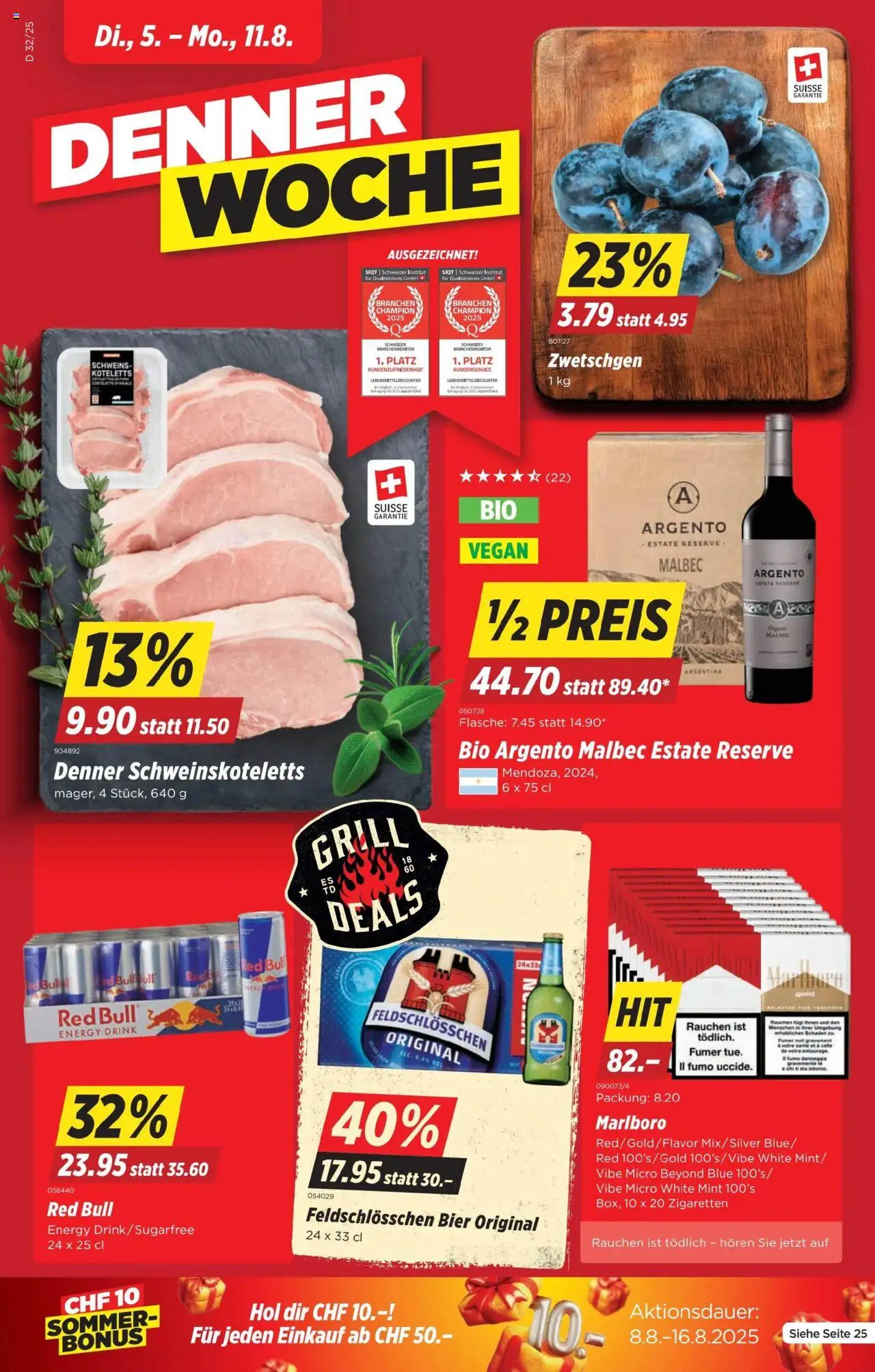 Denner Aktionen ab 05.08.2025 | Seite: 1 | Produkte: Red bull, Zwetschgen, Bier, Grill