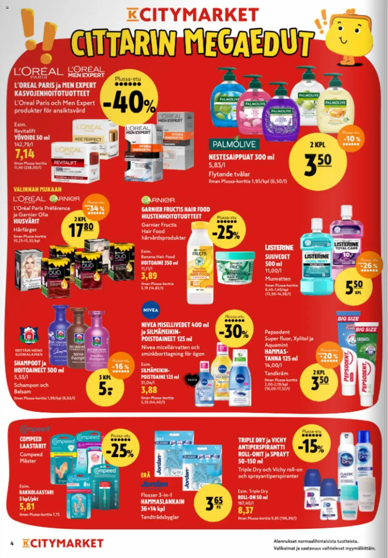 K-Citymarket tarjoukset – voimassa 11.09.2025 alkaen | Sivu: 4 | Tuotteet: Shampoo, Hoitoaine, Yövoide, Antiperspirantti