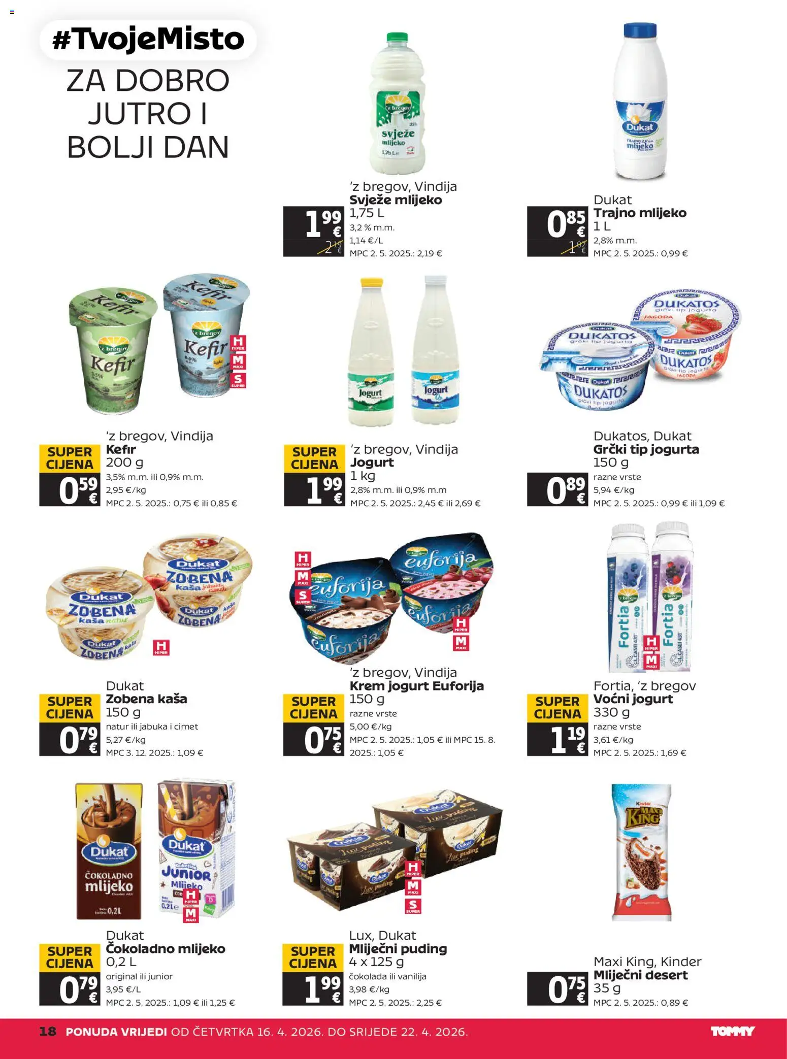 Tommy katalog | vrijedi od 16.04.2026 | Stranica: 18 | Proizvodi: Vindija, Mlijeko, Trajno mlijeko, Kefir