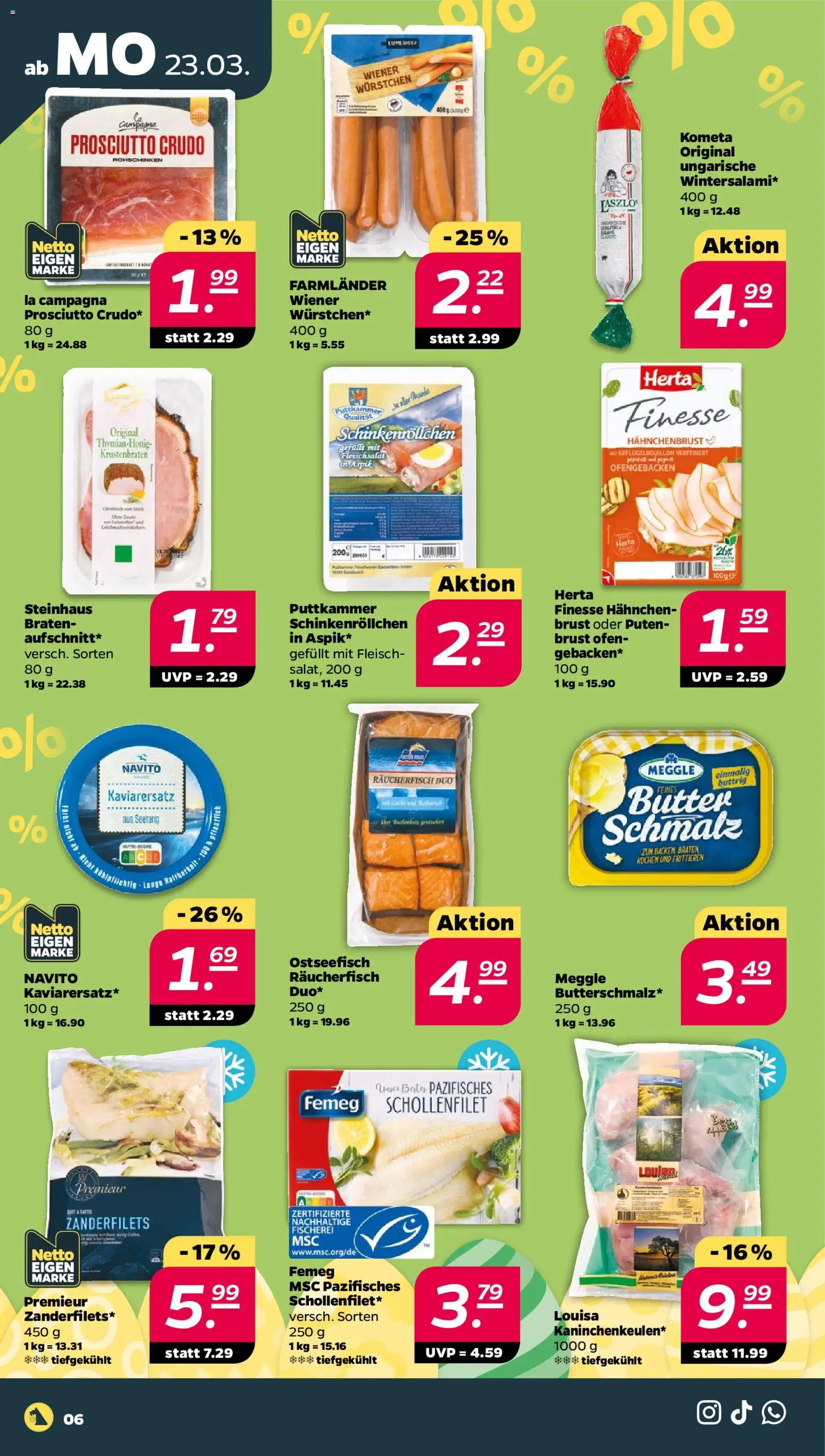 Netto Prospekt 	 – gültig ab 23.03.2026 | Seite: 6 | Produkte: Hahnchen, Wiener wurstchen, Krustenbraten, Fleisch