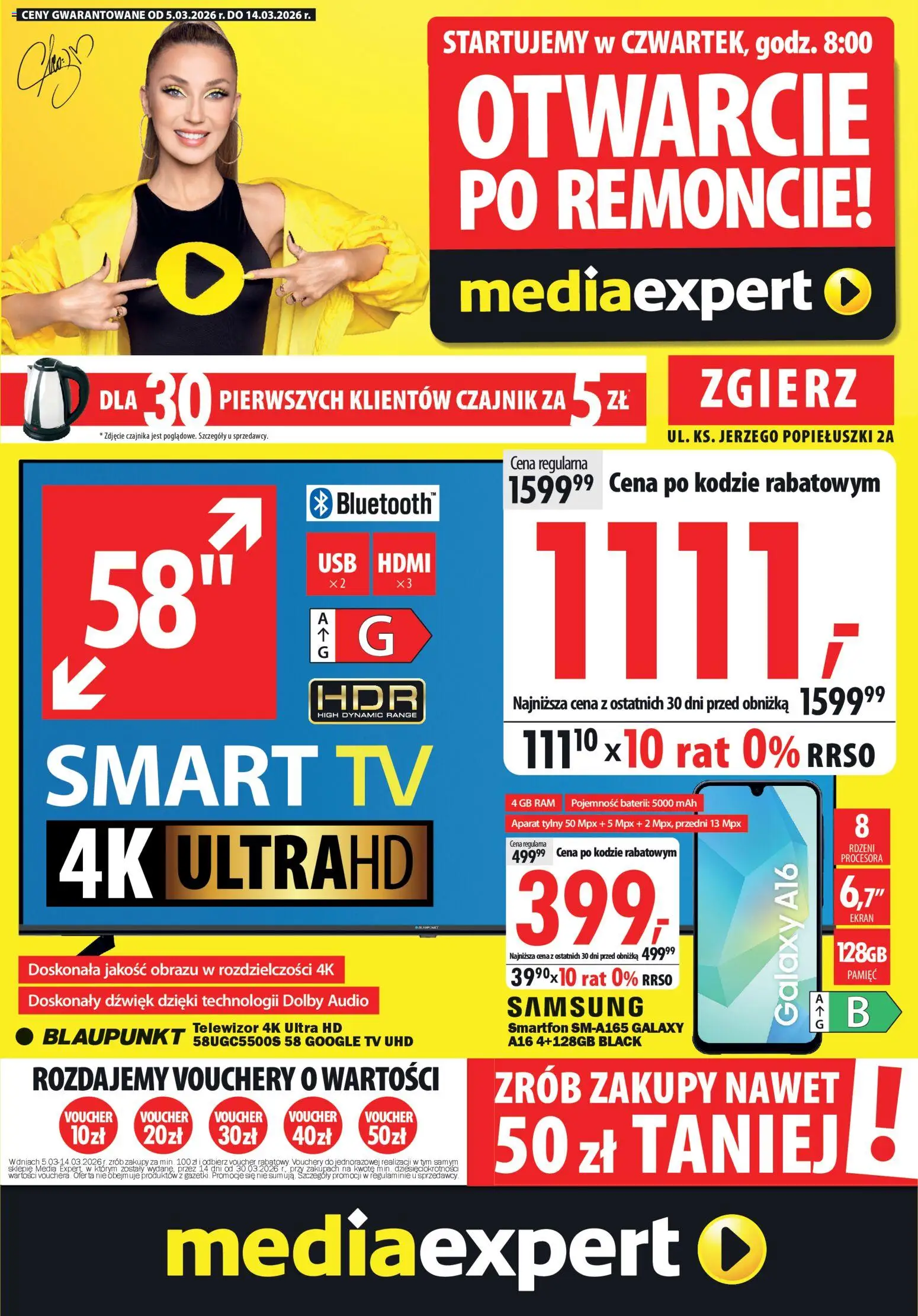 Mediaexpert promocje - Otwarcie po remoncie Zgierz od 05.03.2026 | Strona: 1 | Produkty: Smartfon, Telewizor, Audio, Czajnik