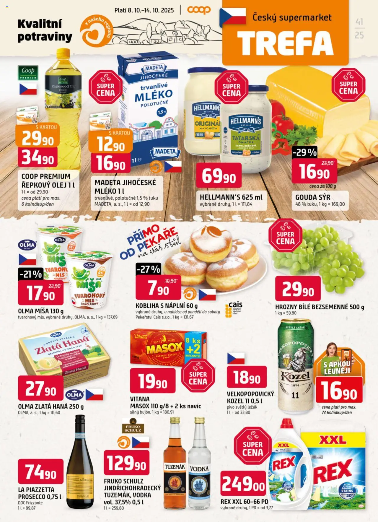 Trefa leták od 08.10.2025 | Strana: 1 | Produkty: Mléko, Řepkový olej, Kozel, Hellmann's