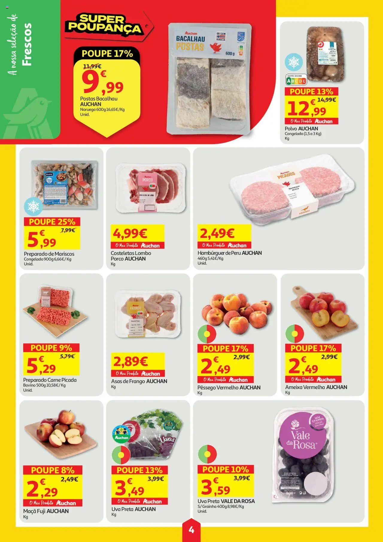 Auchan folheto │ válido de 31.07.2025 | Página: 4 | Produtos: Bacalhau, Polvo, Hambúrguer, Carne picada