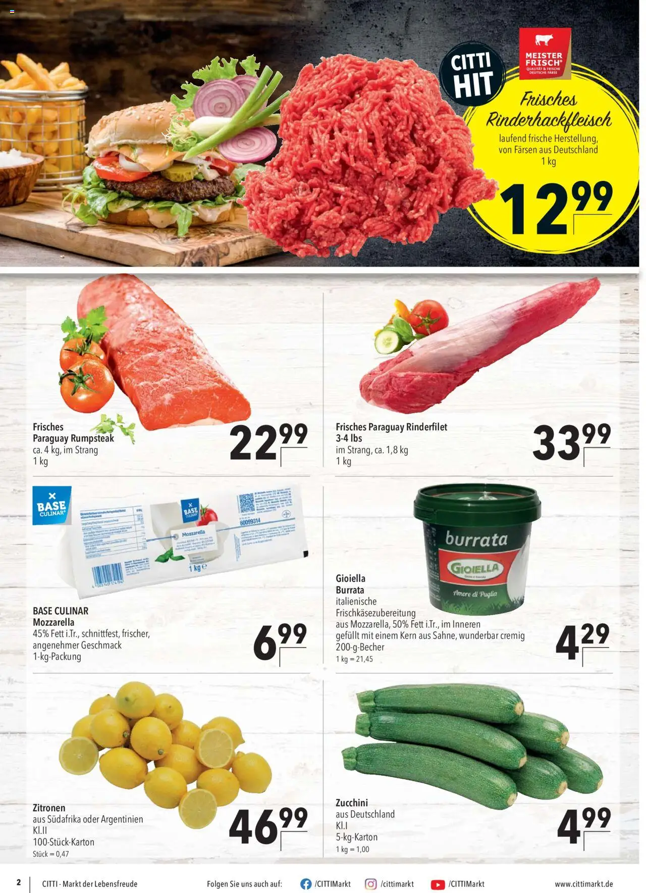 CITTI Markt - Aktuelle Angebote für Profis - gültig ab dem 13.08.2025 | Seite: 2 | Produkte: Rumpsteak, Rinderfilet, Mozzarella, Zitronen