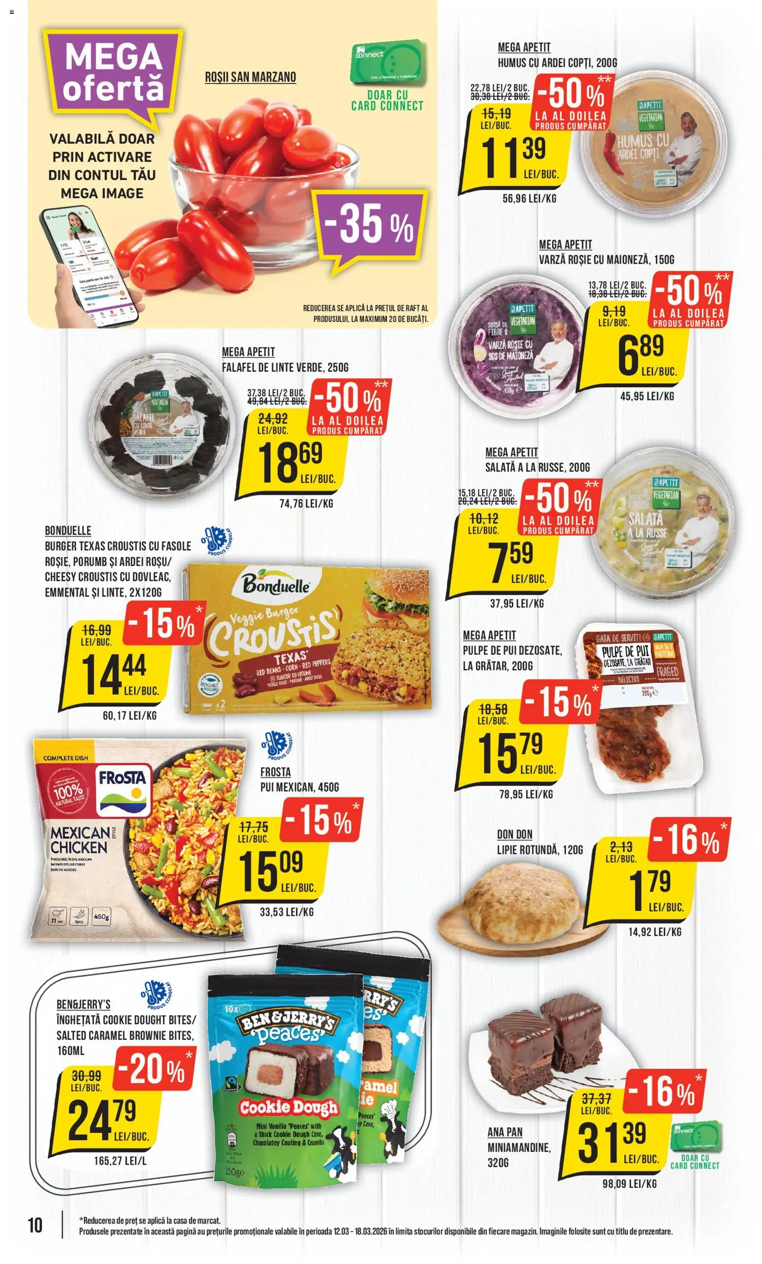 Noul catalog Mega Image – valabil de la 12.03.2026 | Pagină: 10 | Produse: Raft, Hacıyatmaz Kedi Oyuncağı, Burger, Salată