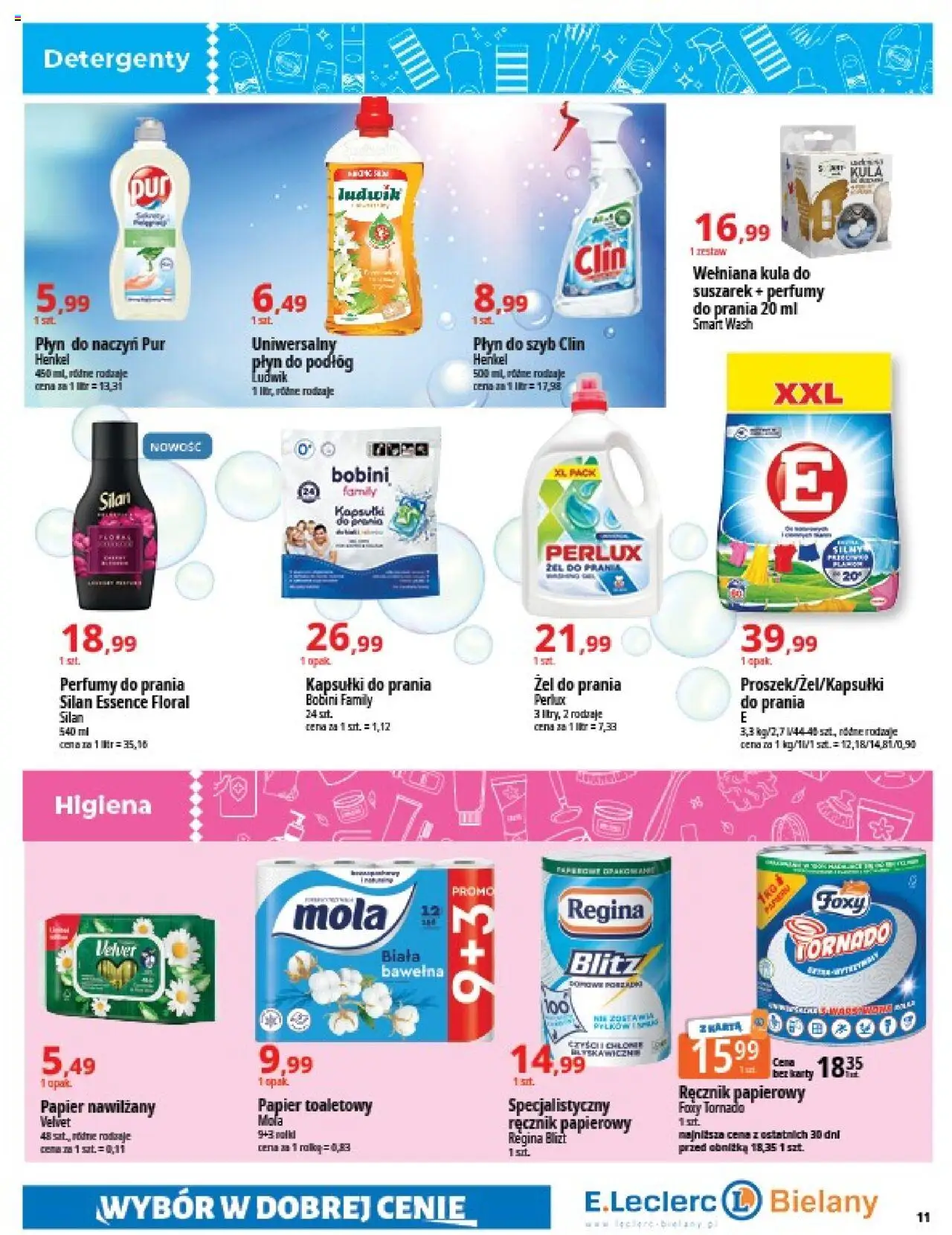 E.Leclerc Gazetka - Warszawa Bielany od 07.10.2025 | Strona: 11 | Produkty: Płyn do szyb Clin, Papier toaletowy, Kapsułki do prania, Ręcznik papierowy