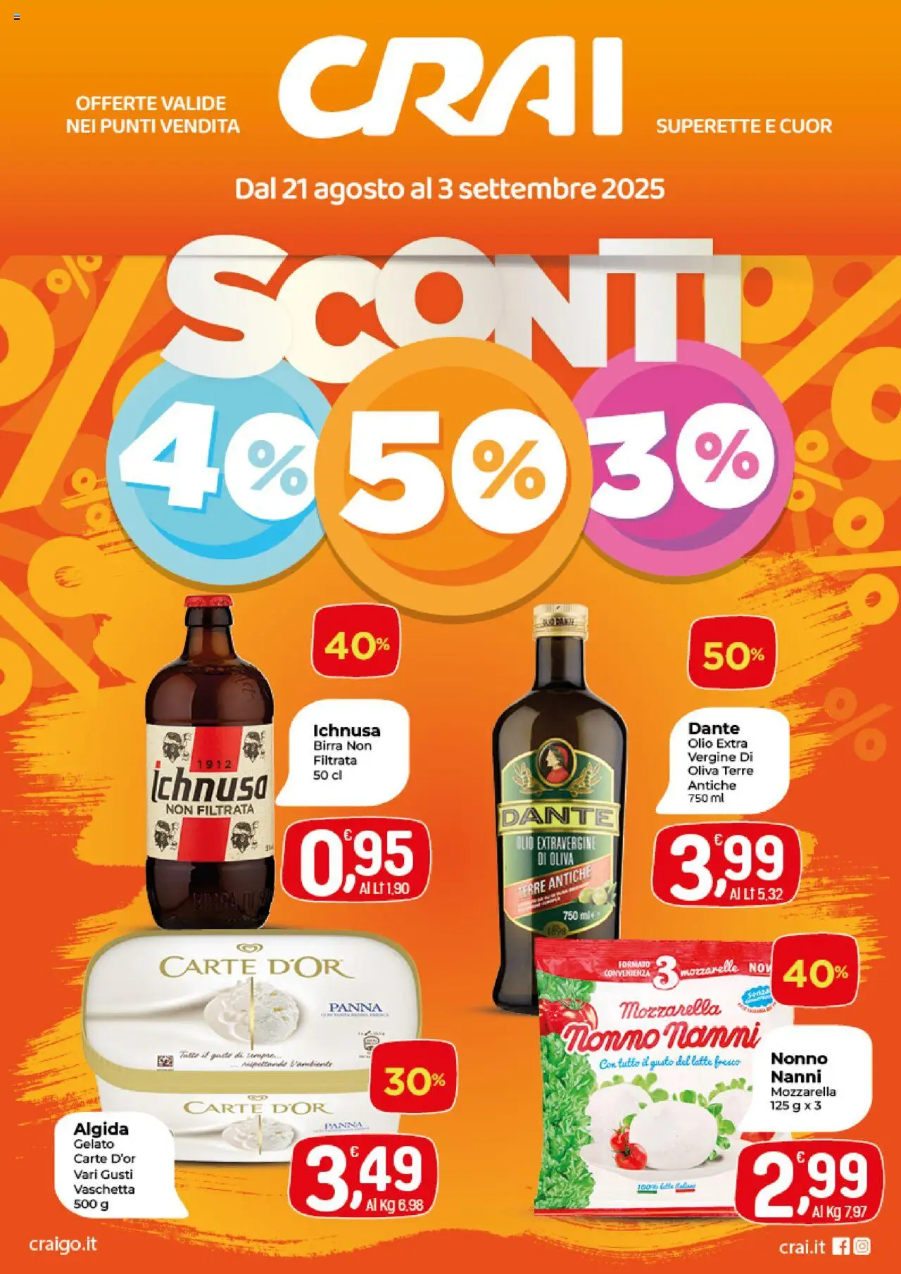 Volantino CRAI del 21.08.2025 | Pagina: 1 | Prodotti: Panna, Gelato, Mozzarella, Tonno