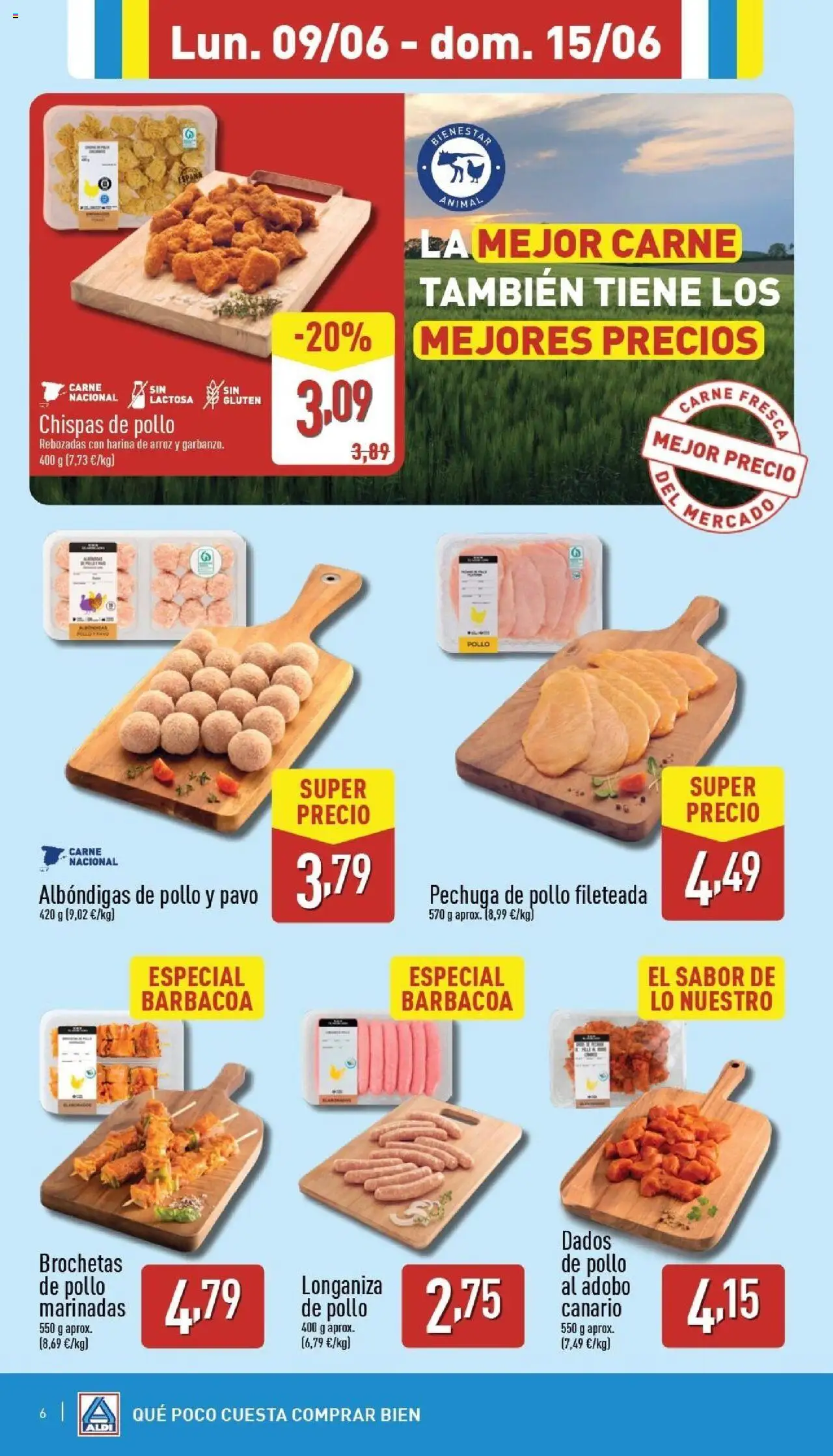 Aldi folleto Canarias │ válido desde el 09.06.2025 | Página: 6 | Productos: Pechuga de pollo fileteada, Arroz, Longaniza, Barbacoa