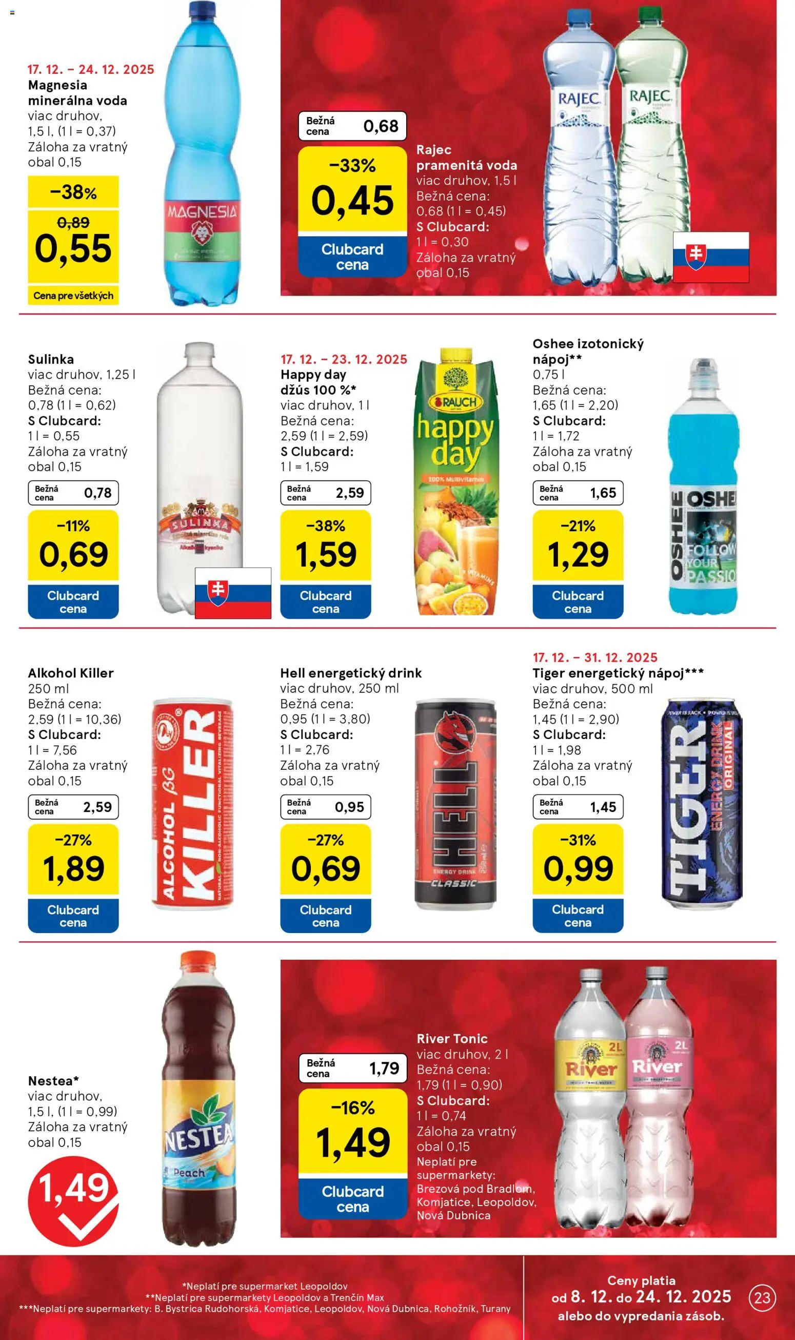 Nové Tesco akcie – leták je platný od 17.12.2025 | Strana: 23 | Produkty: Džús, Magnesia, Alkohol, Energetický nápoj