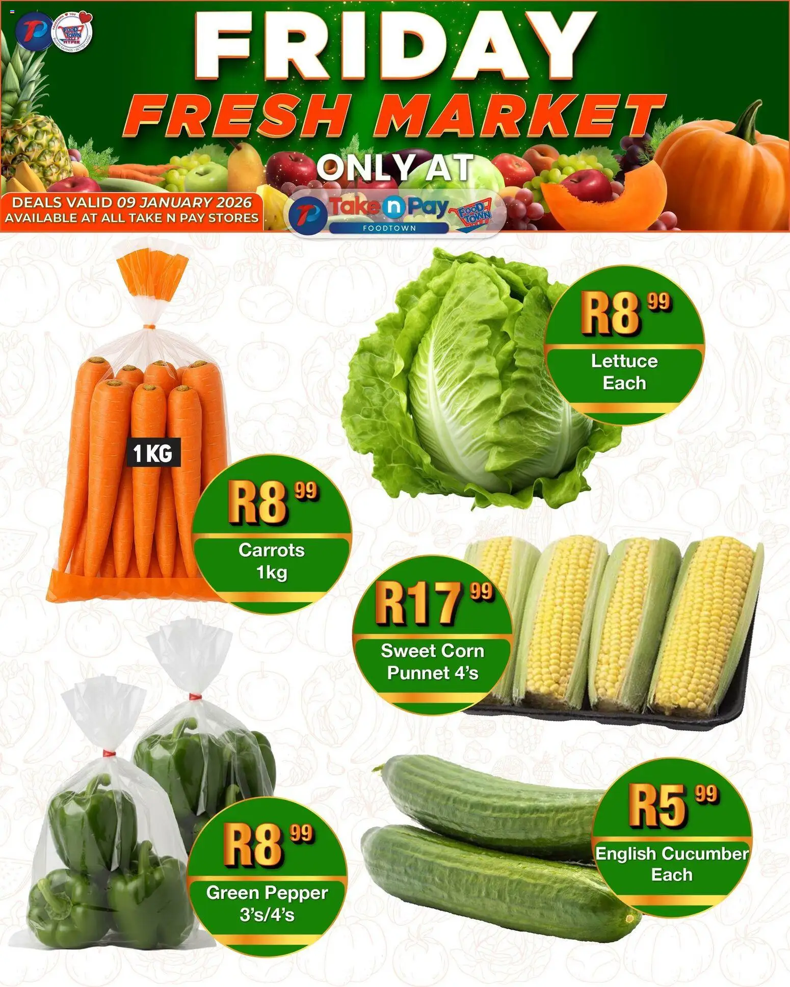 New Take n Pay catalogue – valid from 09.01.2026 | Page: 5 | Products: Corn, Carrots, Pepper, Lettuce