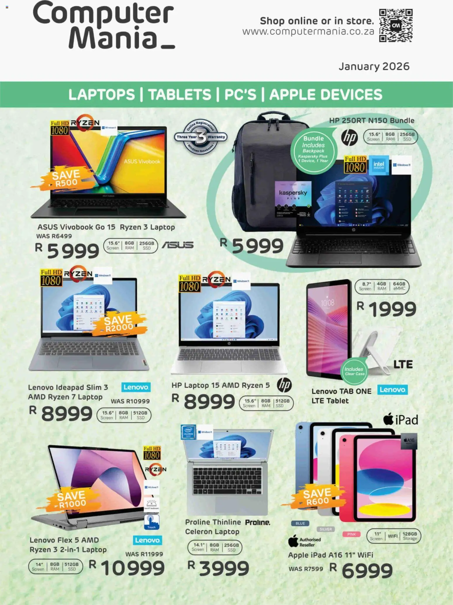 New Computer Mania catalogue – valid from 01.01.2026 | Page: 1 | Products: Tablet, Computer, Case, Laptop