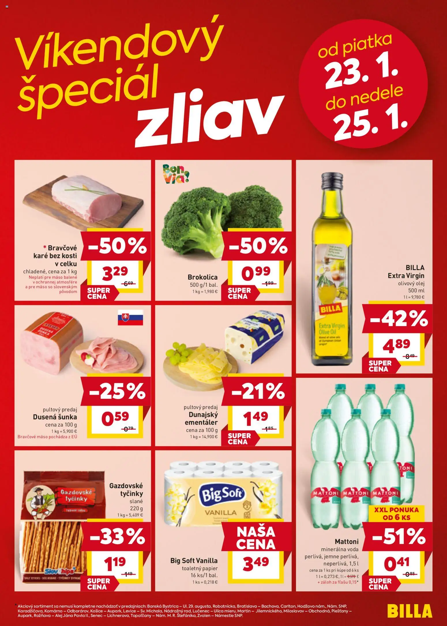 Nové Billa akcie – leták je platný od 21.01.2026 | Strana: 23 | Produkty: Olej, Šunka, Olivový olej, Bravčové mäso