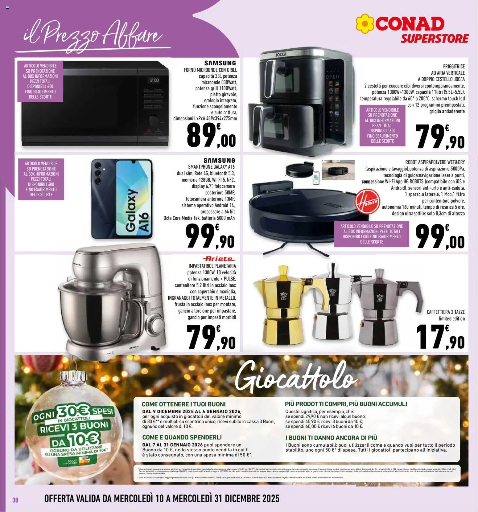 Volantino Conad del 10.12.2025 | Pagina: 30 | Prodotti: Impastatrice, Robot aspirapolvere, Forno, Samsung