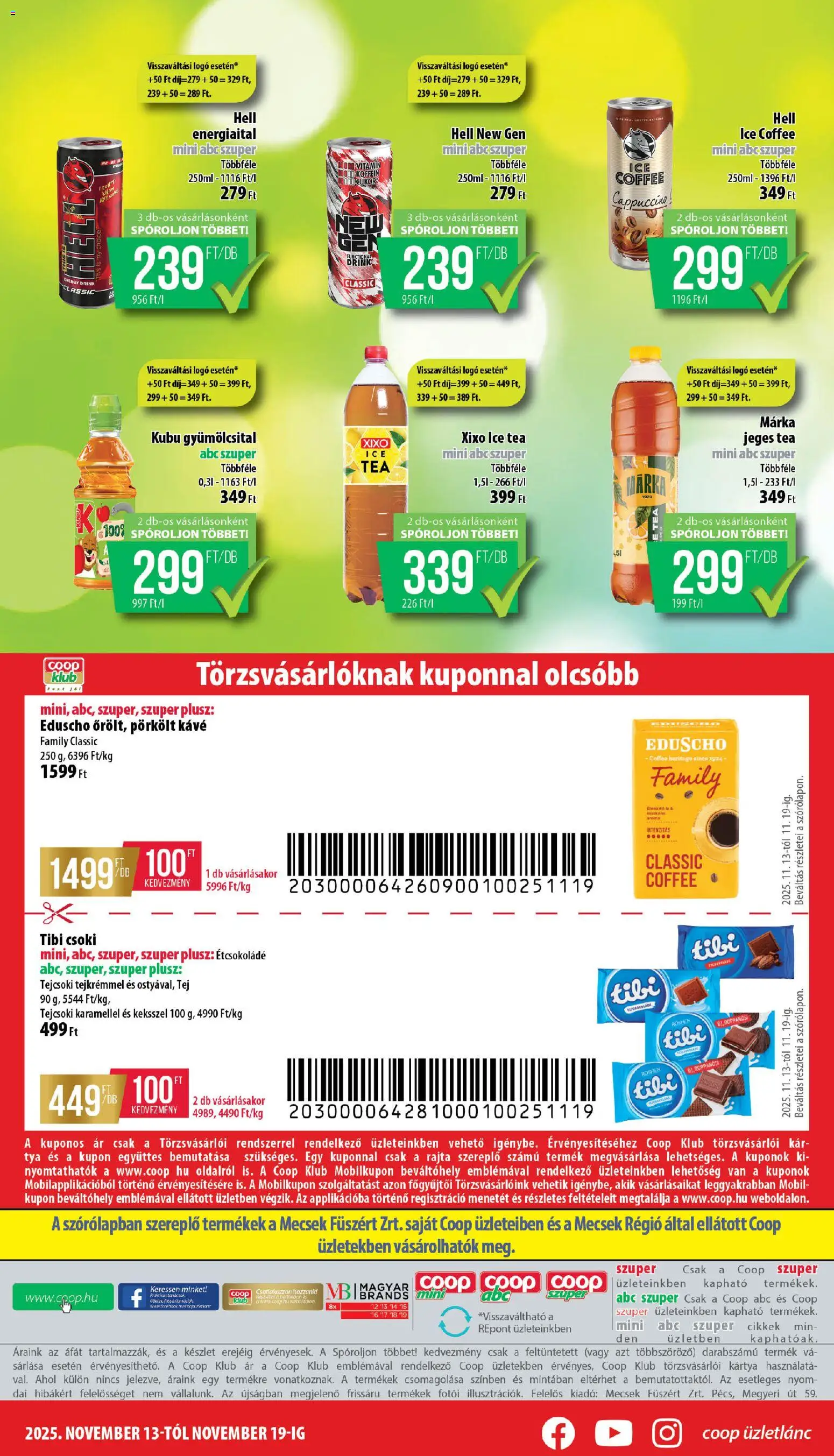 COOP akciós ujság - amely érvényes a következő dátumtól: 13.11.2025 | Oldal: 8 | Termékek: Energiaital, Étcsokoládé, Kávé, Tea