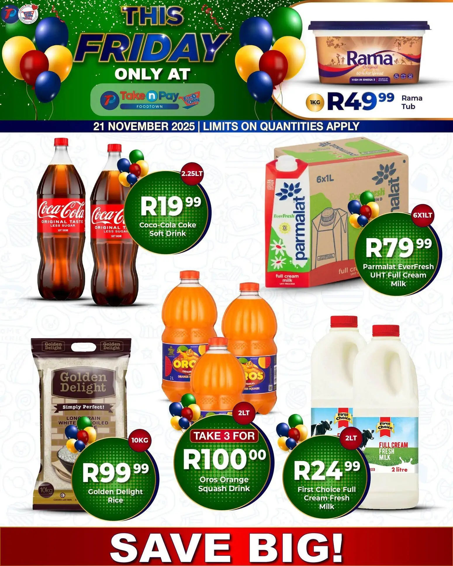 New Take n Pay catalogue – valid from 21.11.2025 | Page: 1 | Products: Squash, Cream, Fat spread, Sugar