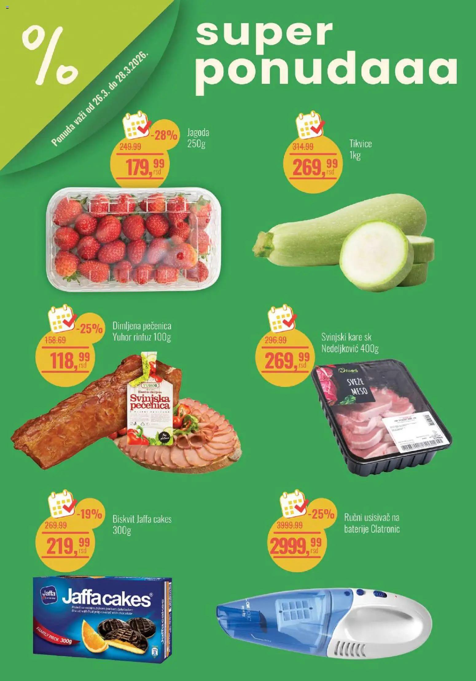 Aroma Market katalog - važi od 26.03.2026 | Strana: 1 | Proizvode: Usisivač, Svinjski kare, Ručni usisivač, Pečenica