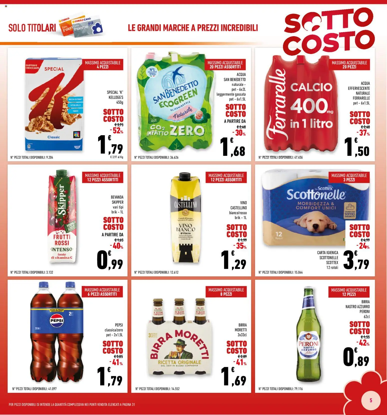 Volantino Conad del 29.01.2026 | Pagina: 5 | Prodotti: Acqua, Vino, Birra Moretti, Pepsi