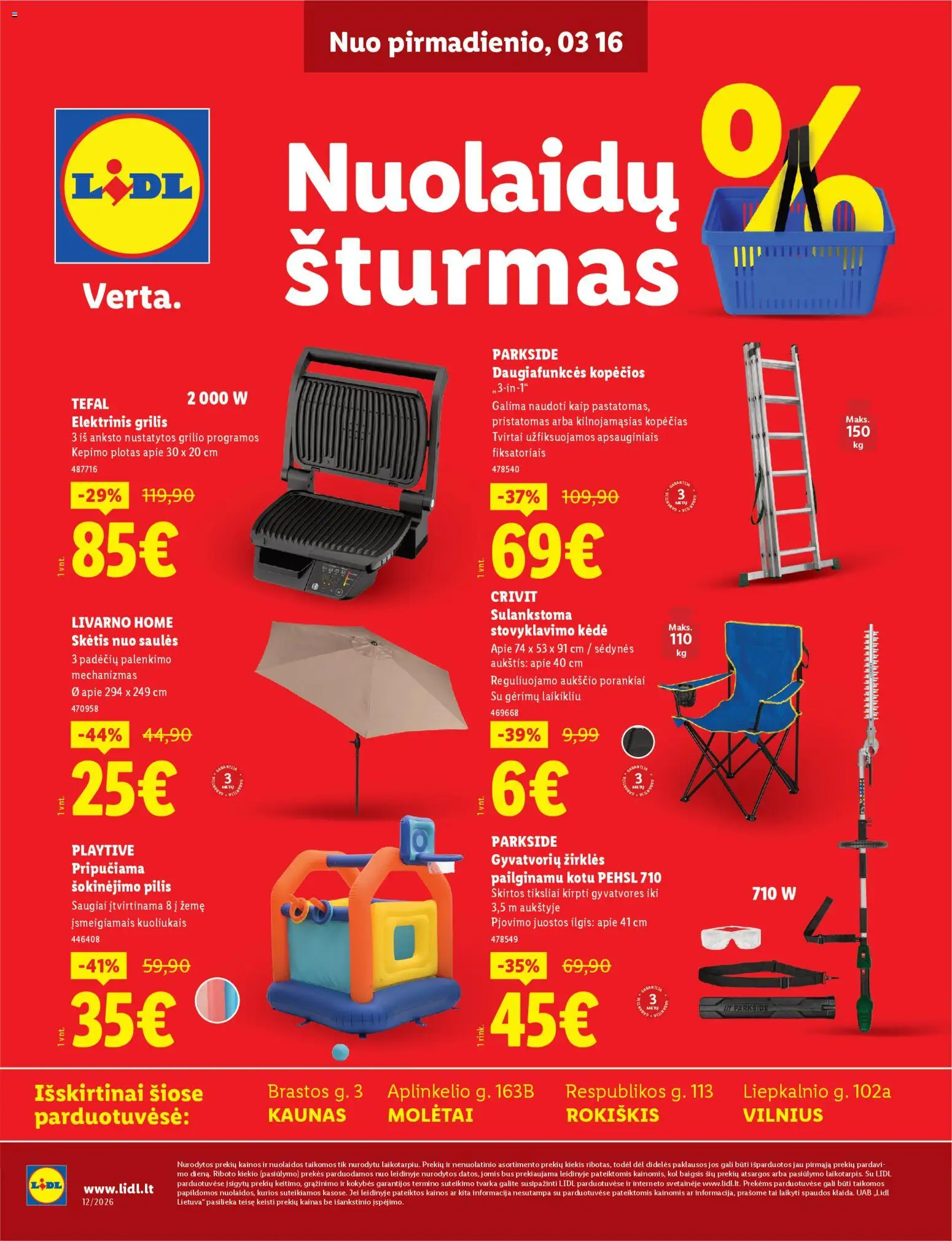 LIDL akcijos nuo 16.03.2026 | Puslapis: 1 | Prekių: Skėtis, Kėdė, Grilis