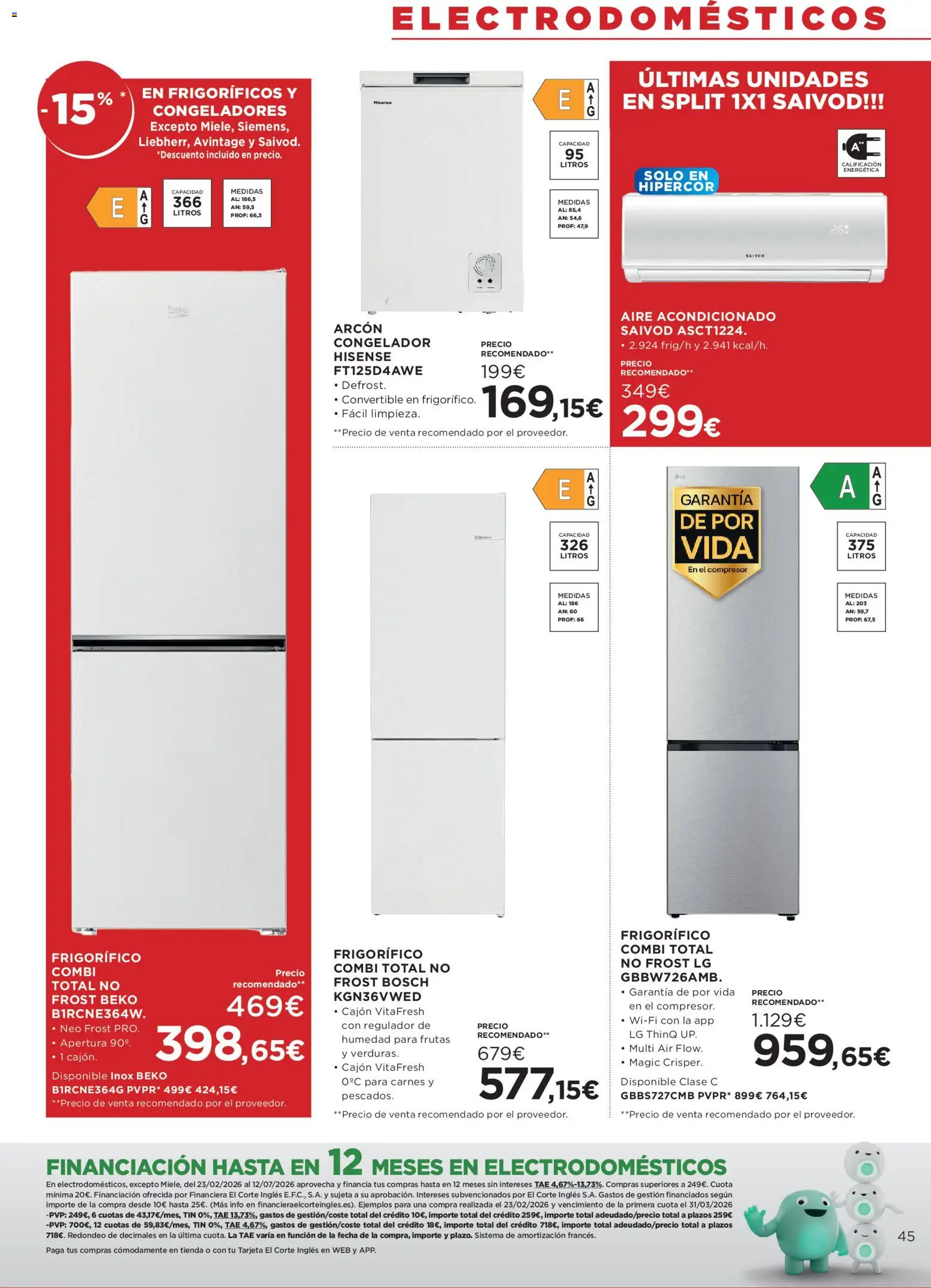 Hipercor catálogo │ válido desde el 23.04.2026 | Página: 45 | Productos: Congelador, Combi, Aire acondicionado