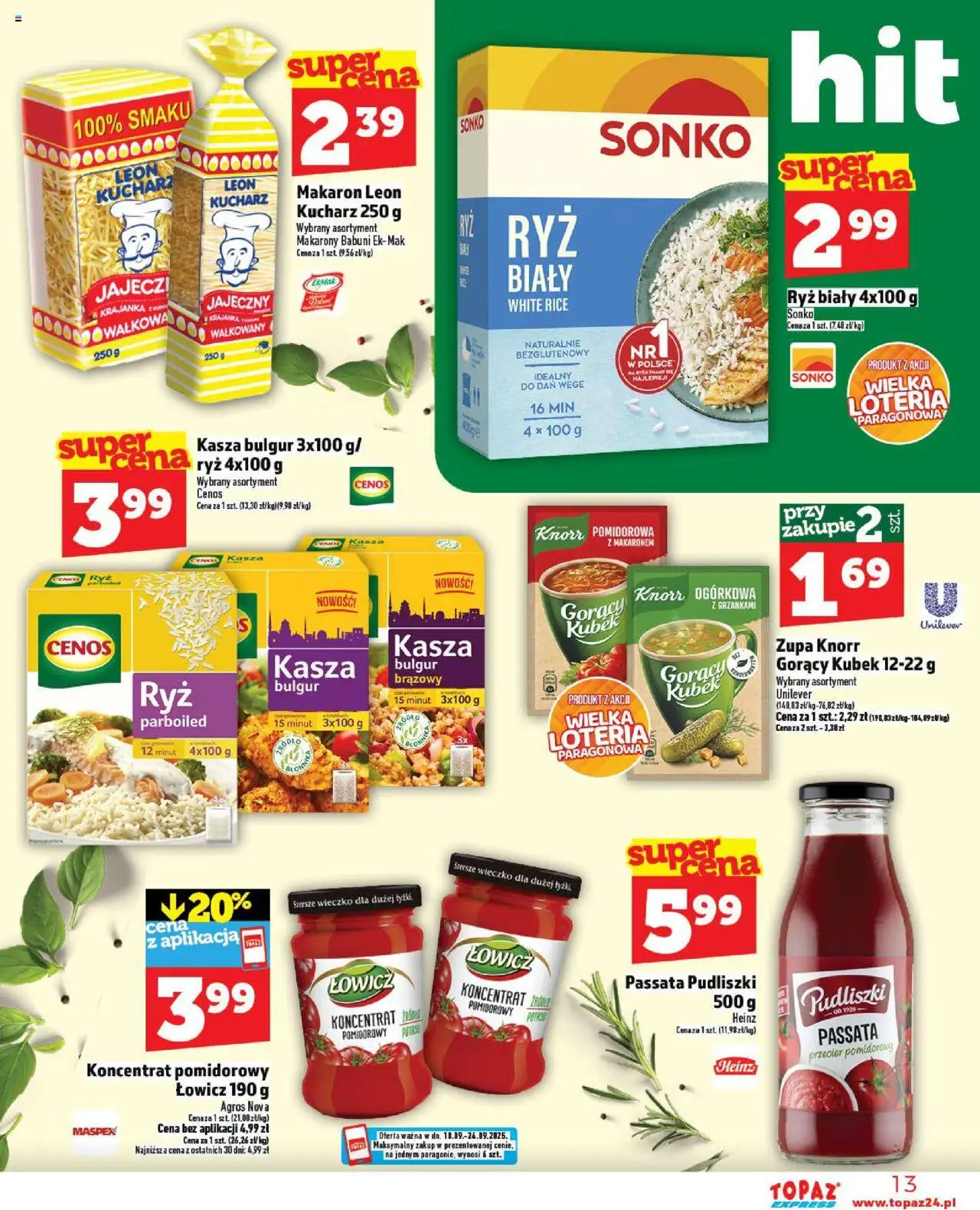 Topaz Gazetka - Express od 18.09.2025 | Strona: 13 | Produkty: Koncentrat pomidorowy, Makarony, Makaron, Kasza bulgur
