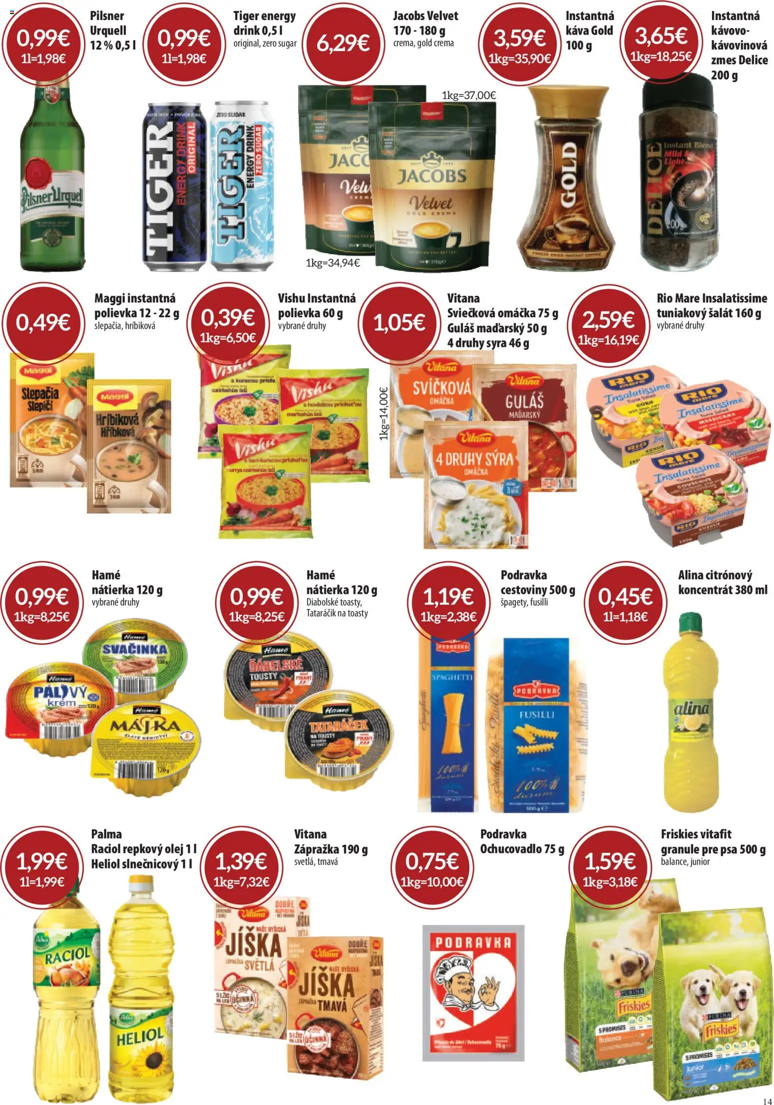 Nové CBA Komfos akcie – leták je platný od 08.01.2026 | Strana: 14 | Produkty: Olej, Fusilli, Friskies, Omáčka