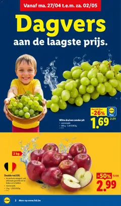 Witte druiven zonder pit, voorverpakt • 500 g - Voorbeeld van een folder van Lidl, geldig van 27.04.2026 | Pagina: 2 | Producten: Druiven