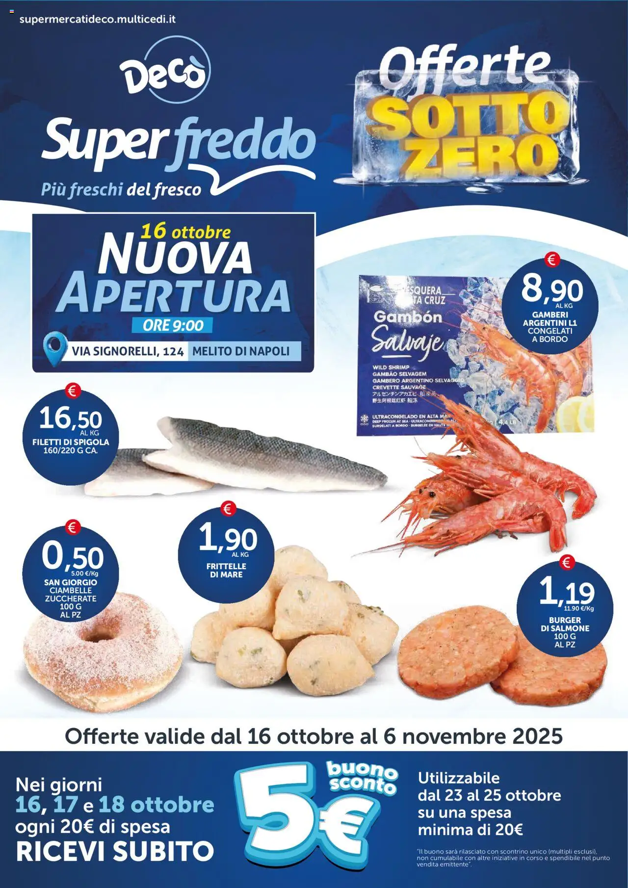Volantino Decò del 16.10.2025 | Pagina: 1 | Prodotti: Ciambelle, Salmone, Gamberi, Spigola